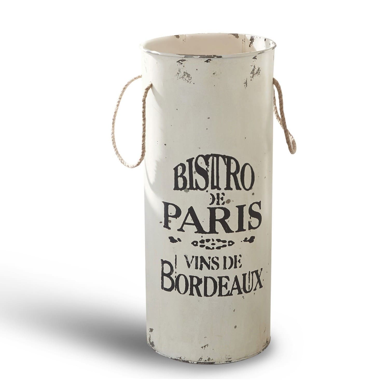 Schirmständer Bordeaux Weißer Metallbehälter mit Aufschrift Bistro de Paris und Kordelgriffen, dekorativer Vintage-Stil