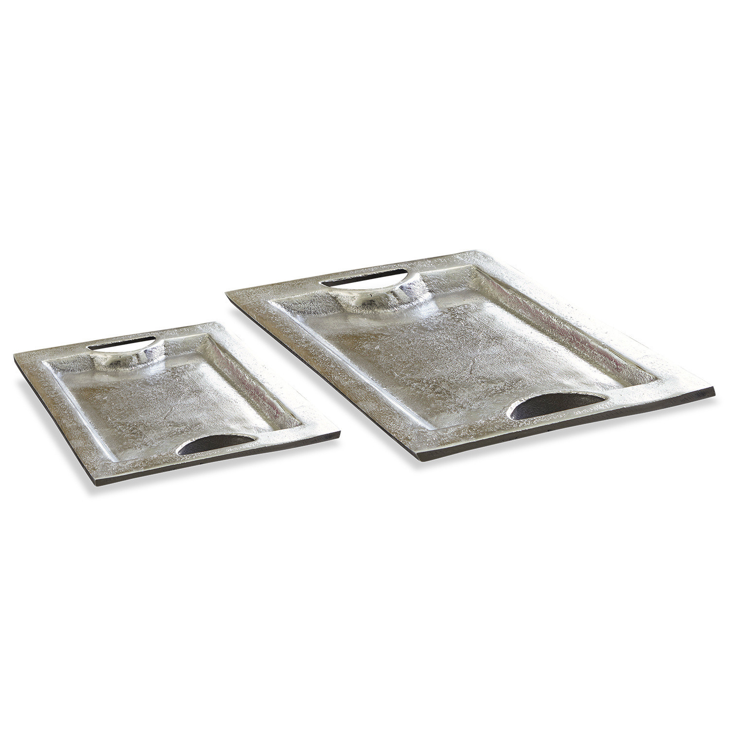 Set aus zwei rechteckigen Metalltabletts in Silber mit Griffen, dekorativ und praktisch