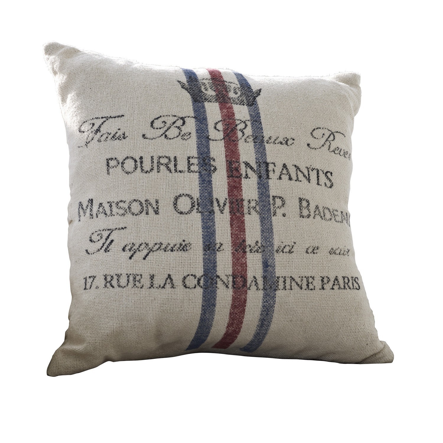 Kissen Pourl Beige Baumwoll-Dekokissen mit Aufdruck und rot-blauen Streifen für Wohnzimmer