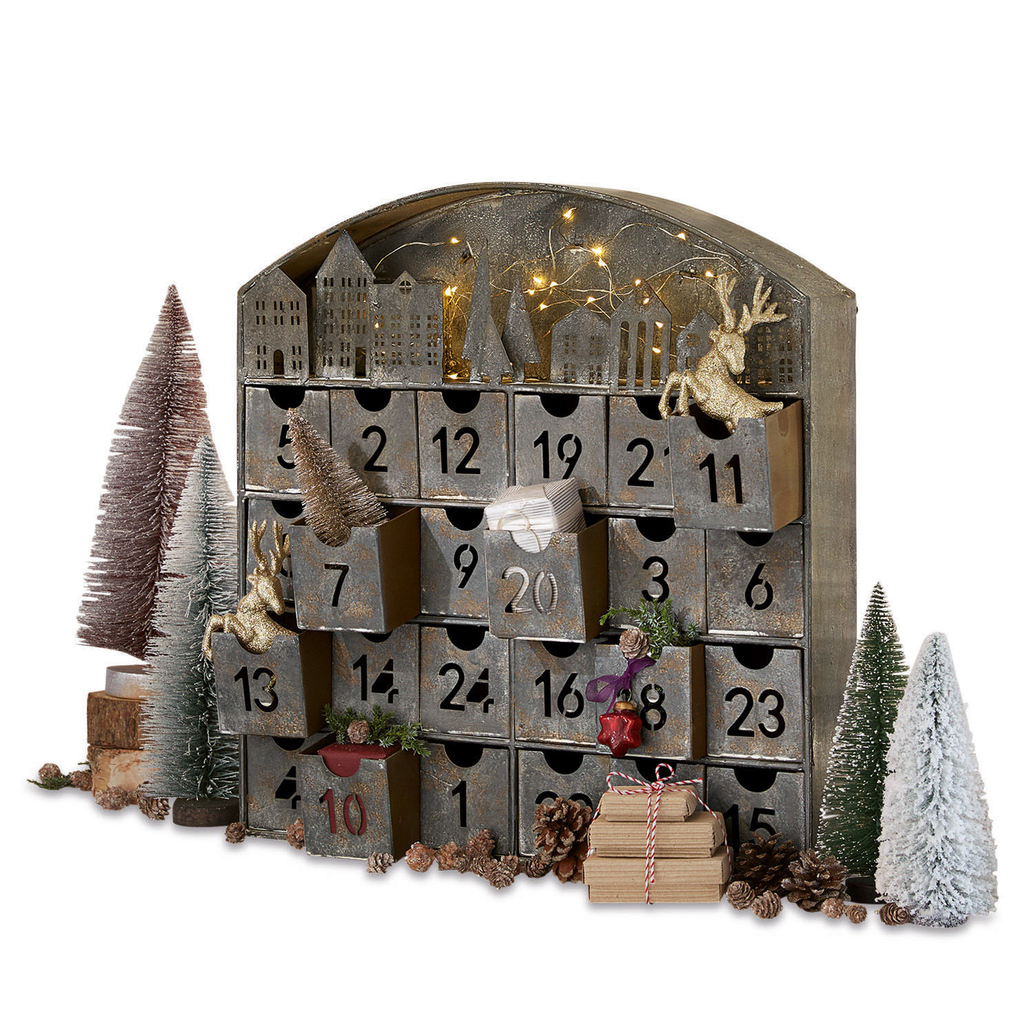 Adventskalender Léran Metall Adventskalender mit nummerierten Schubladen und vintage Weihnachtsdekorationen
