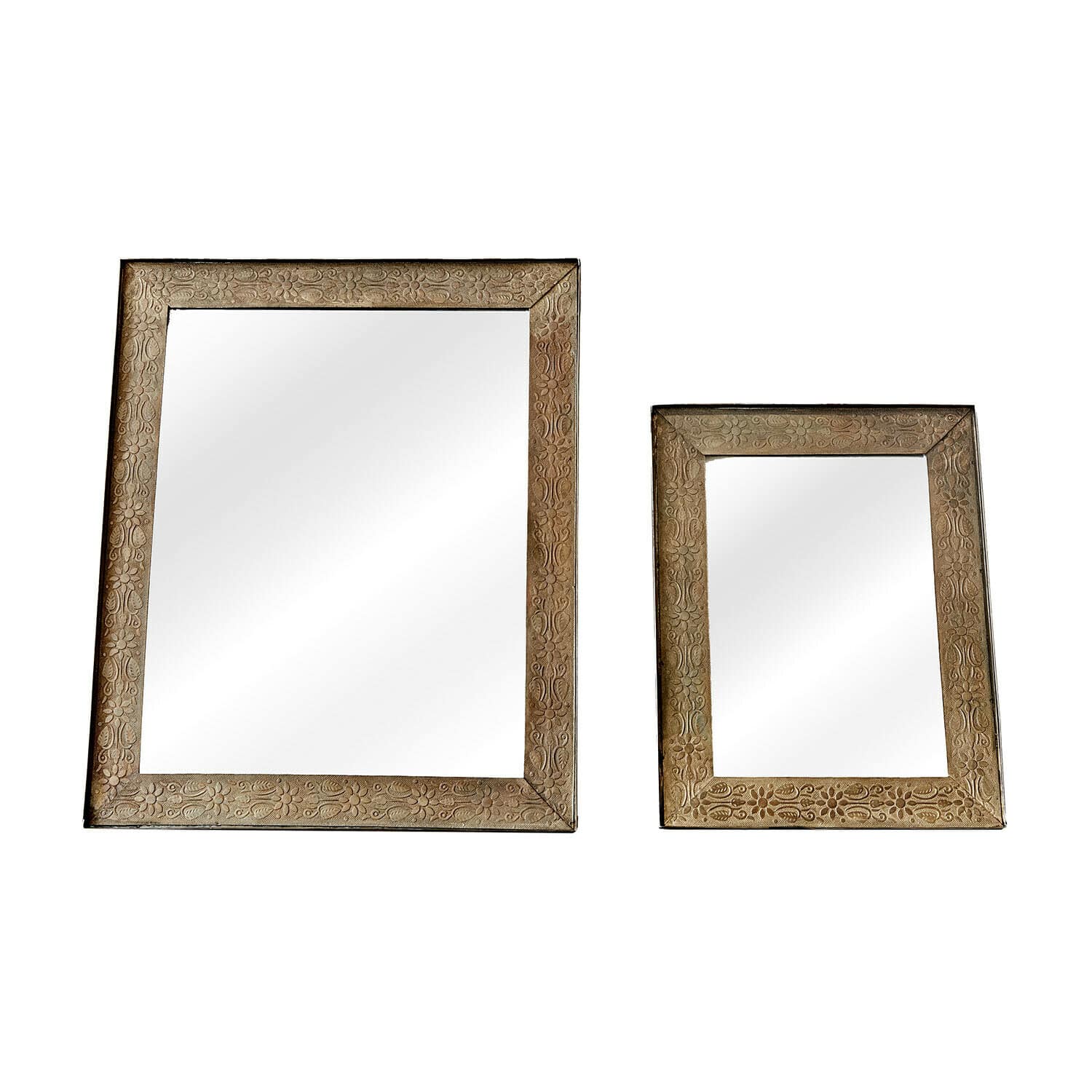 Set aus zwei Spiegeln mit Messingfarbener Metallrahmen und dekorativem Muster, Wanddekoration