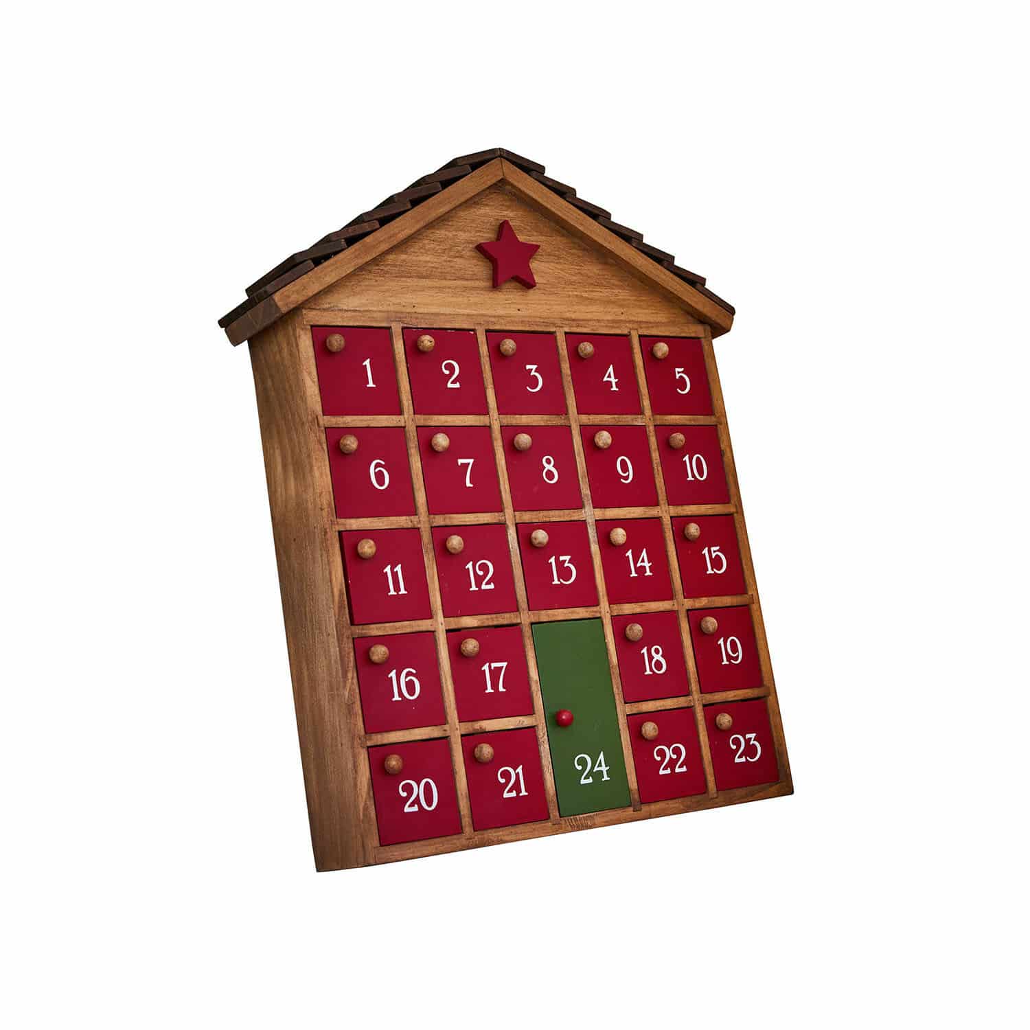 Holz-Adventskalender in Hausform mit roten und grünem Türchen für Weihnachtszeit