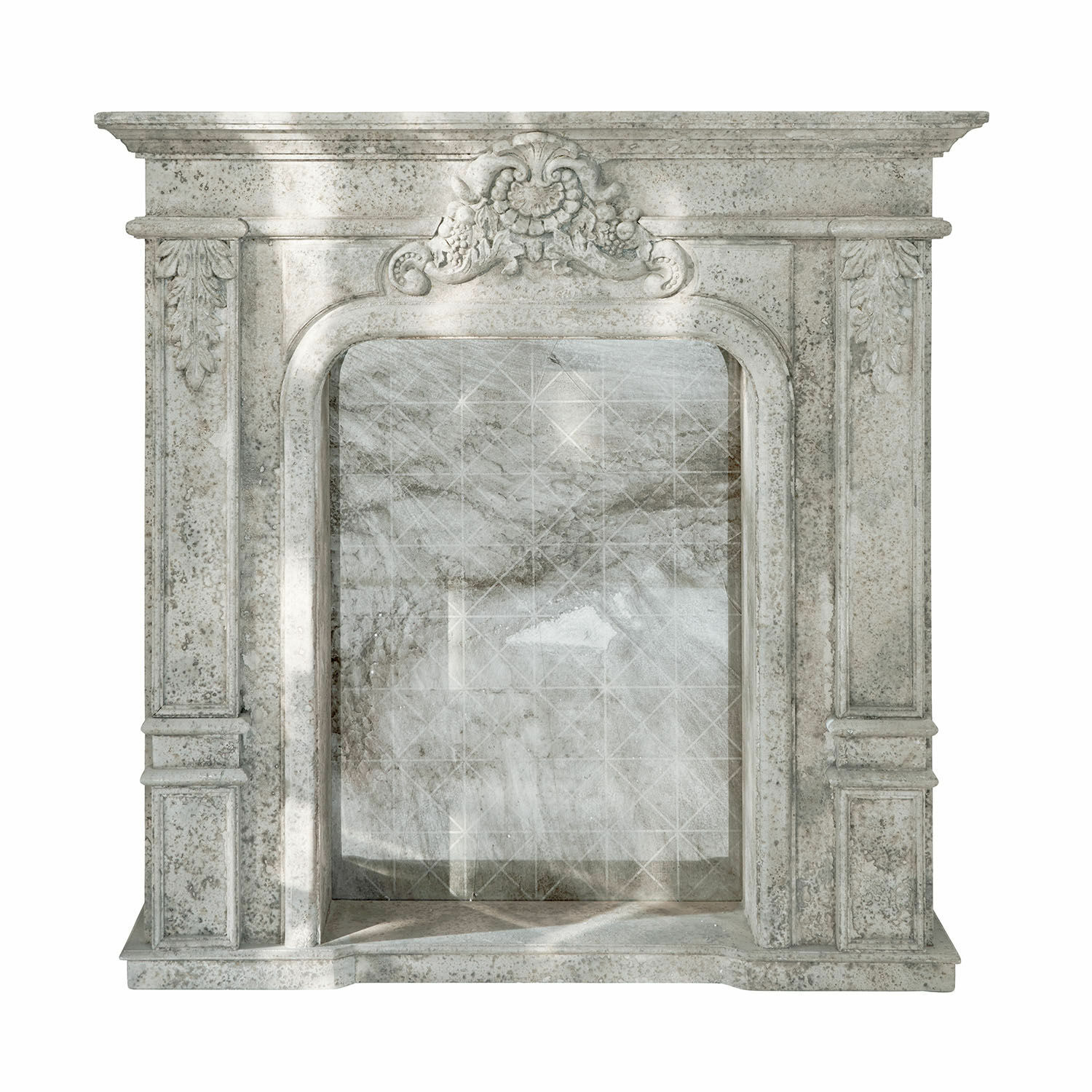 grau Graue Kaminkonsole aus Stein mit dekorativem Relief, klassisches Wohnaccessoire