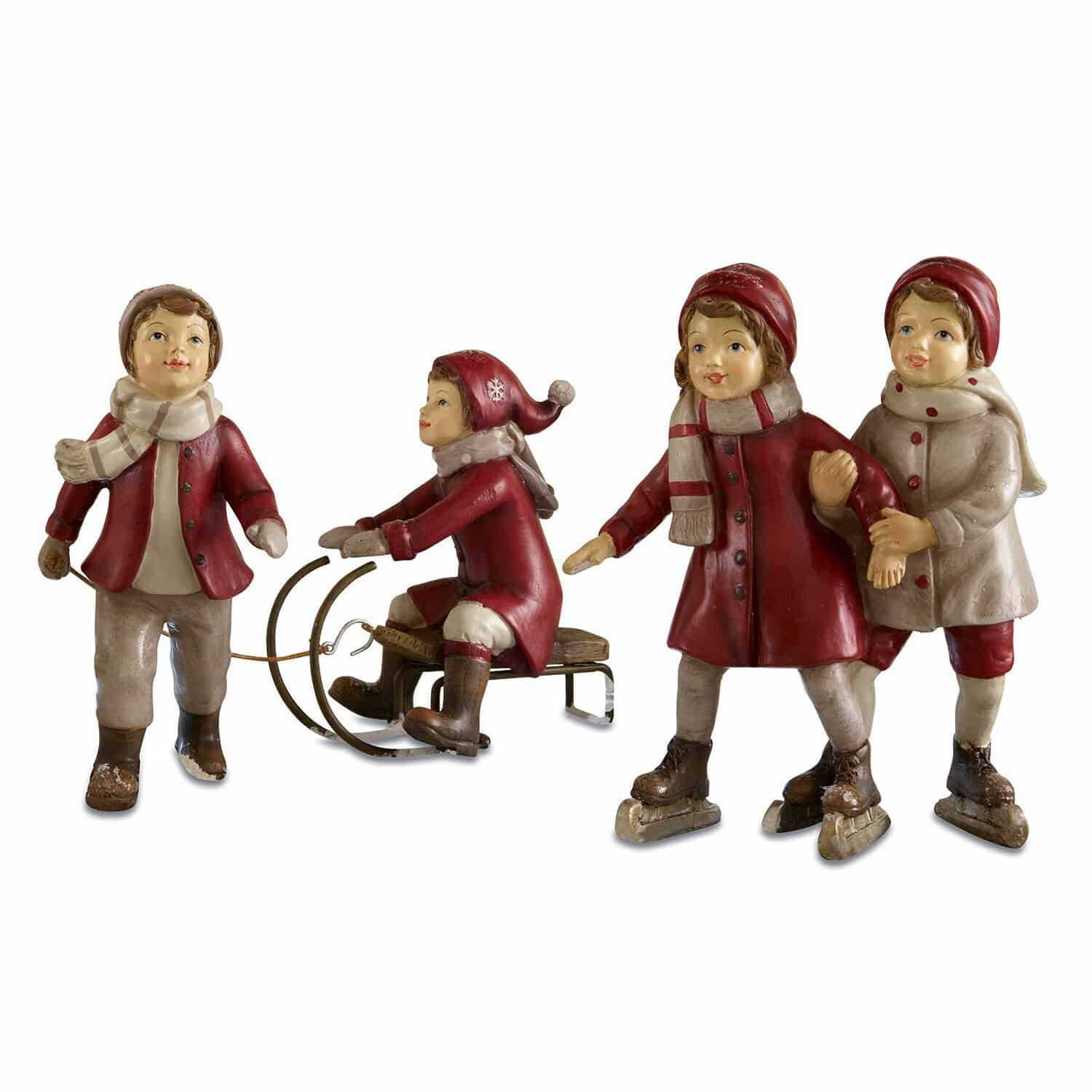 Bunte Kinderfiguren in Winterkleidung mit Schlitten und Schlittschuhen, Weihnachtsdeko