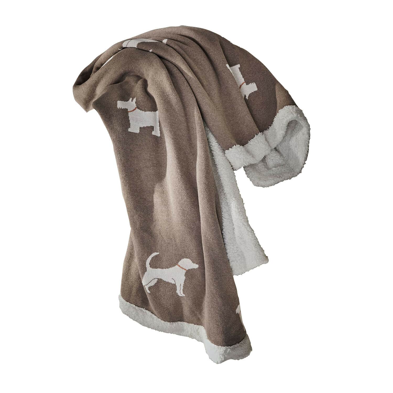 Hundedecke Olyden Braune Kuscheldecke mit weißem Teddyfutter und weißen Hundemotiven, weiches Material für gemütliche Stunden