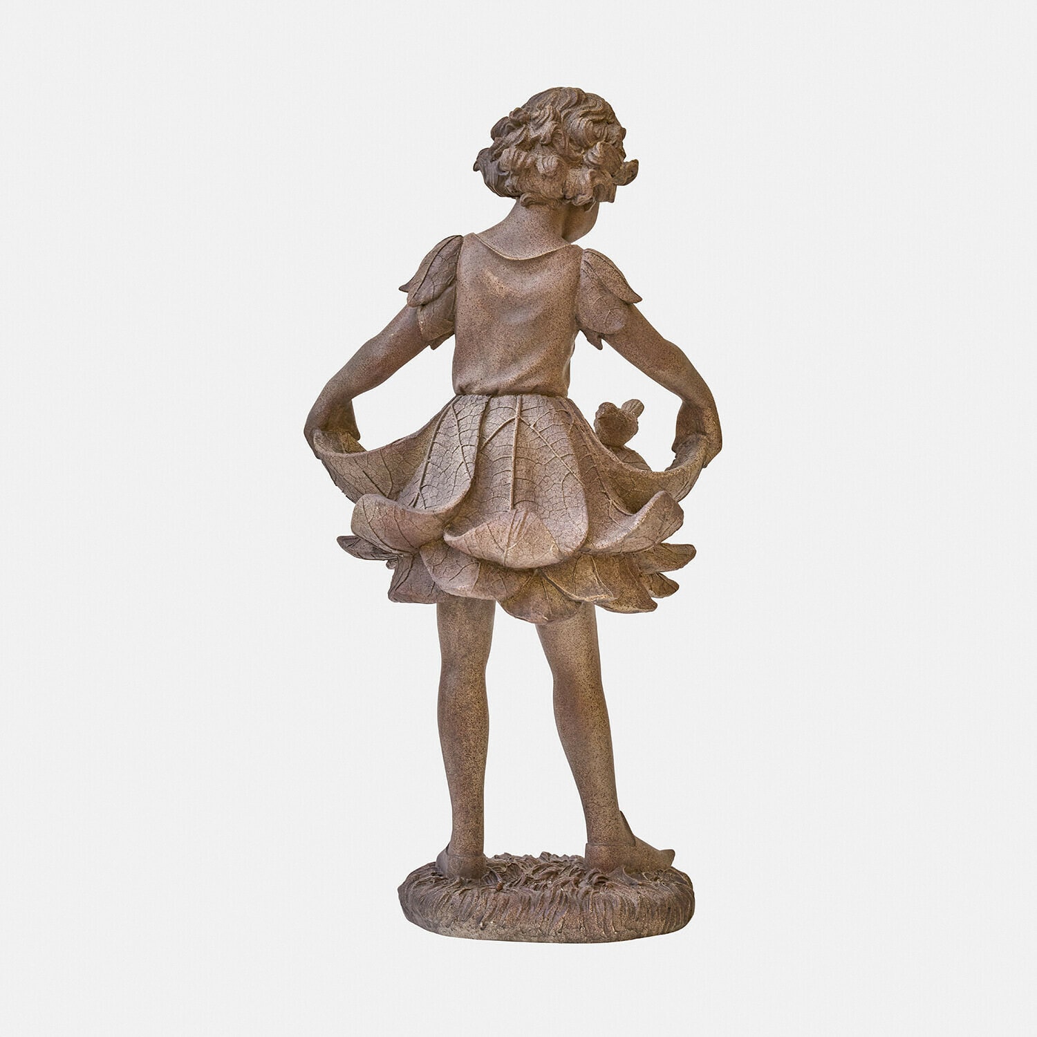 Figur eines Mädchens mit Blätterkleid und Teddybär aus braunem Dekormaterial