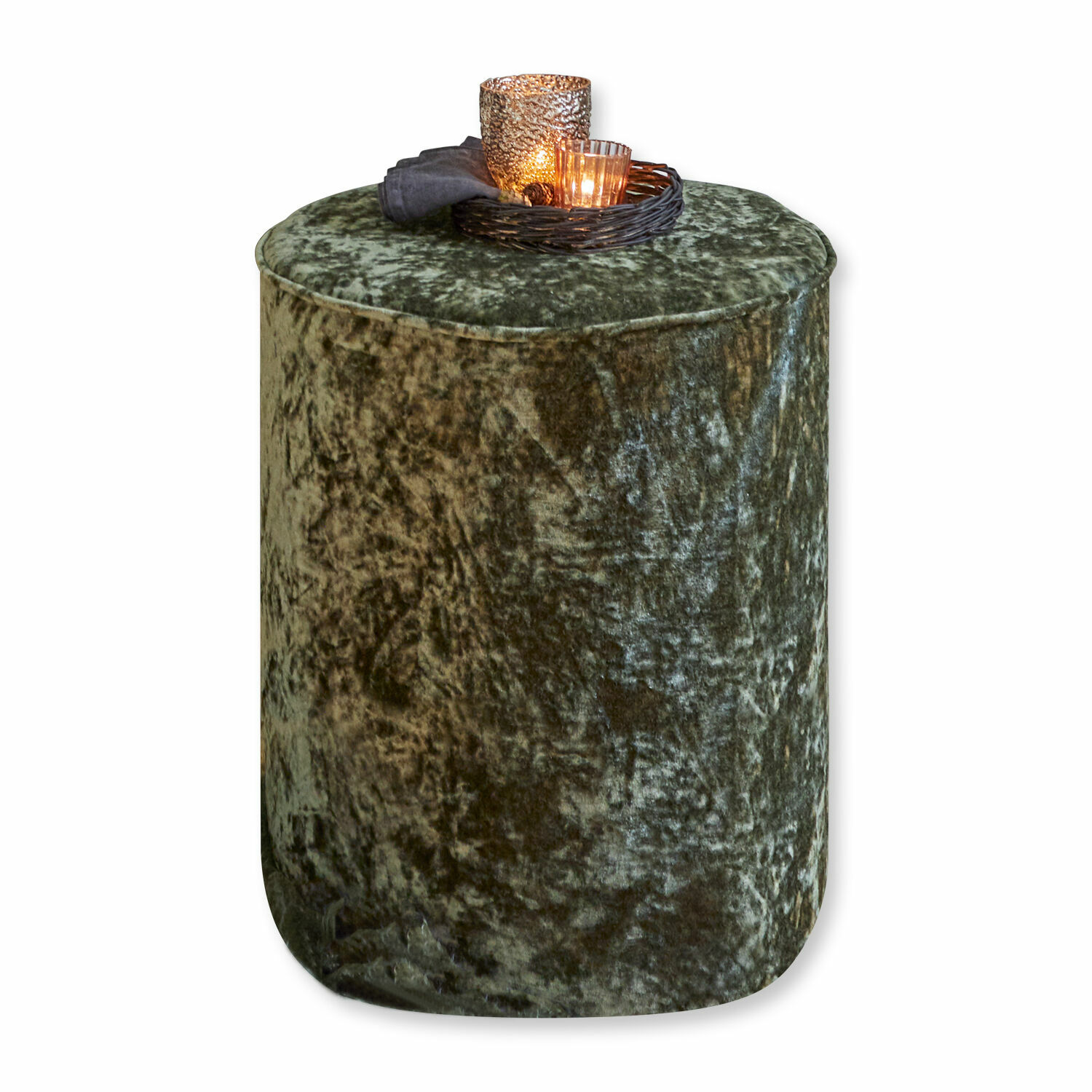 Runder Pouf aus grünem Samt, weich und dekorativ, ideal für Wohnzimmer oder Schlafzimmer