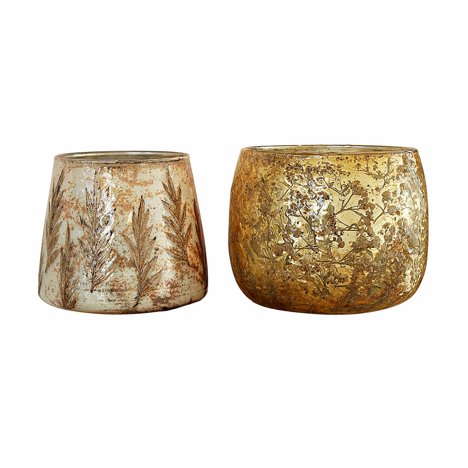 Windlicht 2er Set Hivalen Set aus zwei Glas-Teelichthaltern mit Pflanzenmotiven in Gold und Beige, stilvolle Wohnaccessoires