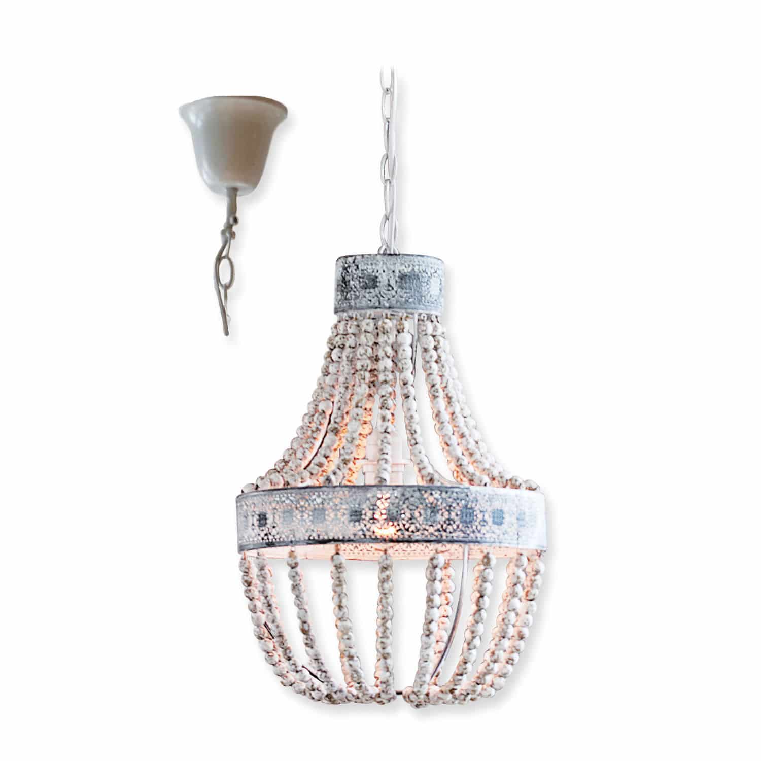 Hängelampe Valcourt Hängelampe aus weißen Holzperlen mit Metallring im Vintage-Stil für Wohnraumbeleuchtung