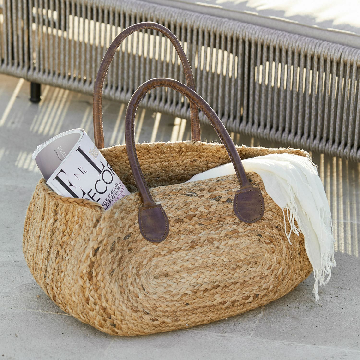 Tasche Gravesend Geflochtener Jutebeutel mit braunen Ledergriffen, Naturfarbe, stilvolle Einkaufstasche
