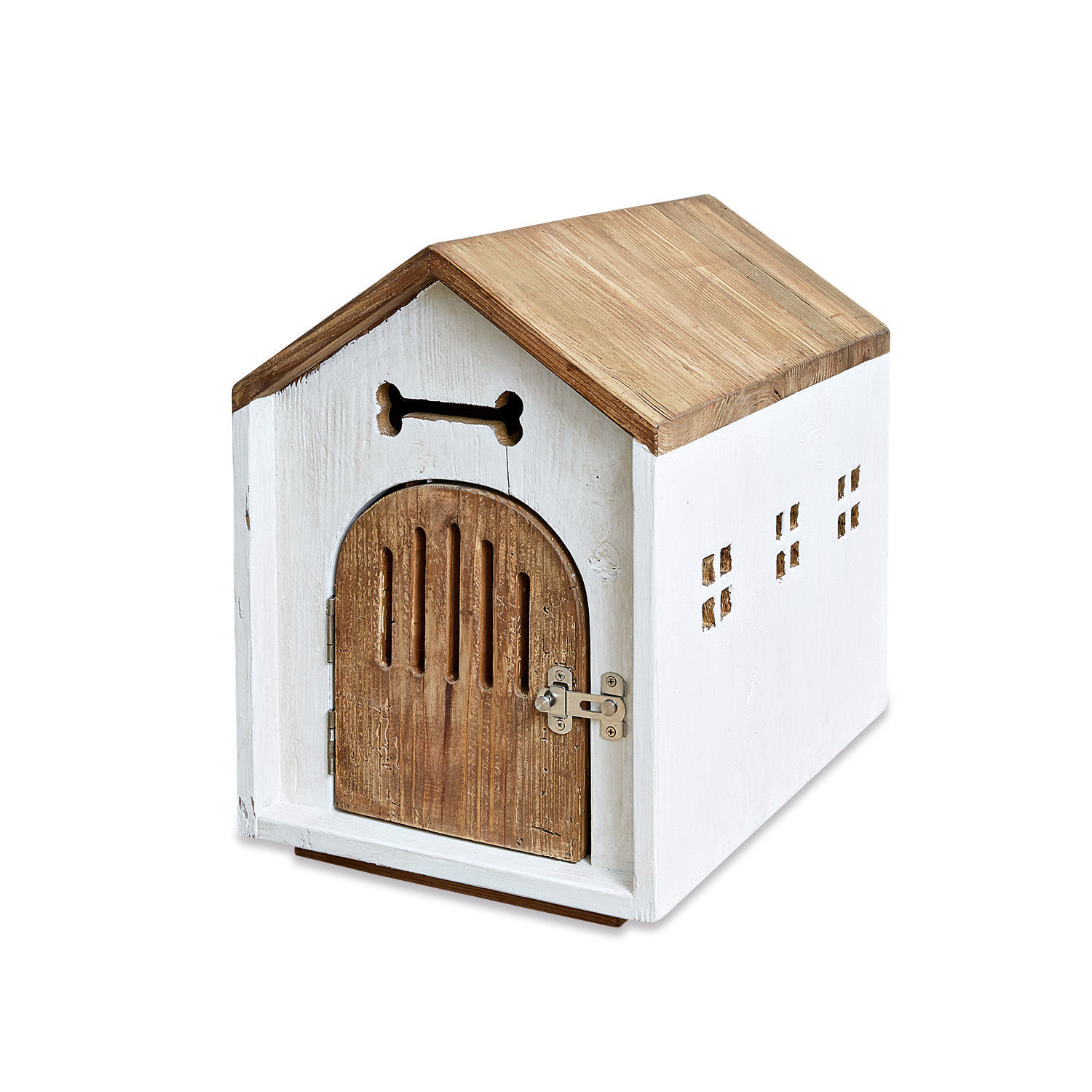 Weißes Hundehäuschen aus Holz mit naturbraunem Dach und Tür, dekoratives Wohnaccessoire