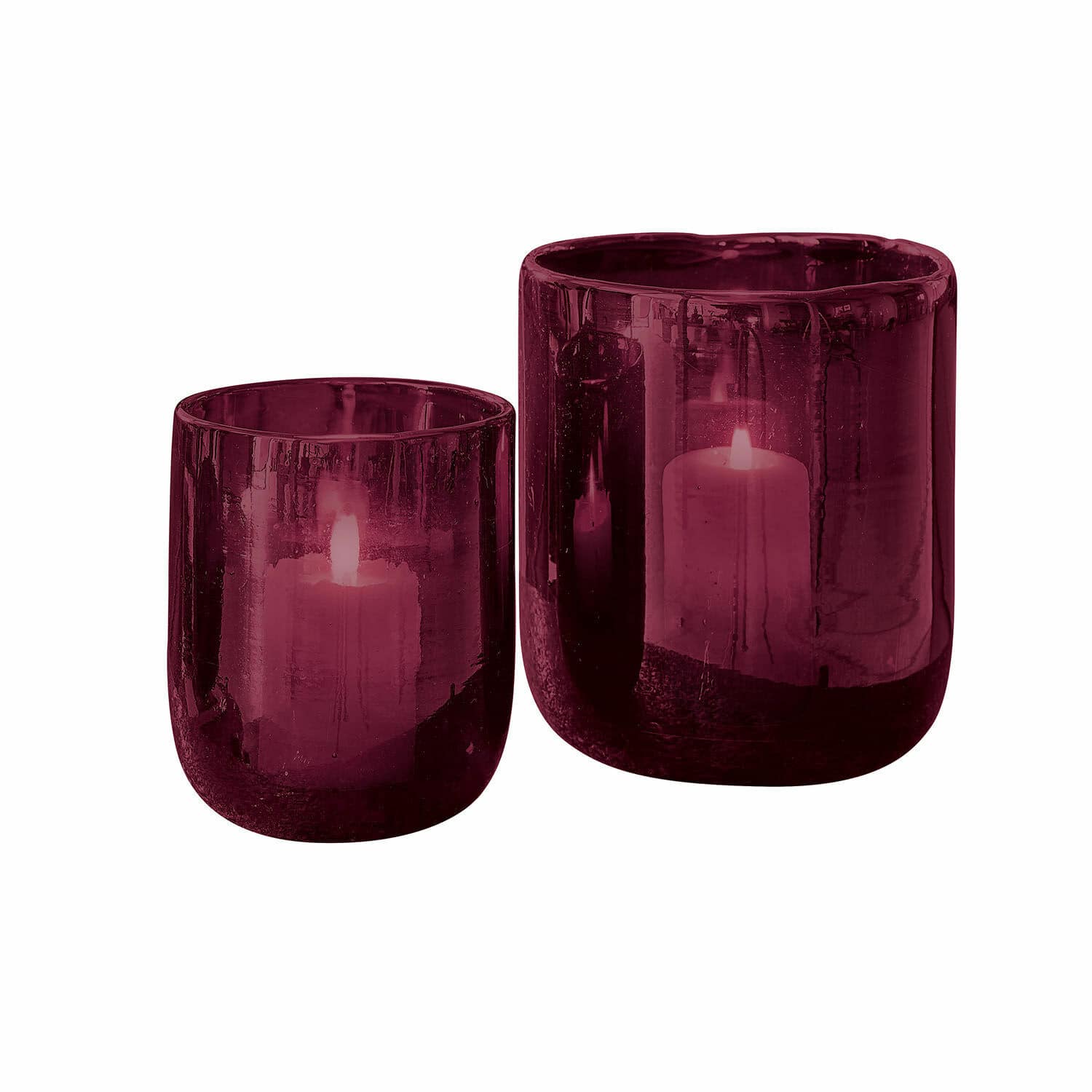Windlicht 2er Set Theodor Set aus zwei bordeauxfarbenen Glaswindlichtern mit brennenden Kerzen zur Wohnraumdekoration