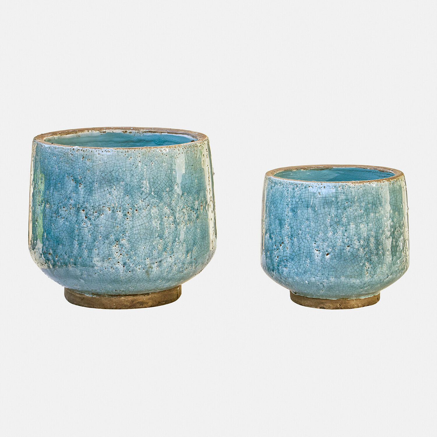 Set aus zwei blauen Keramikblumentöpfen mit Rissglasur, dekorative Pflanzgefäße für Zuhause