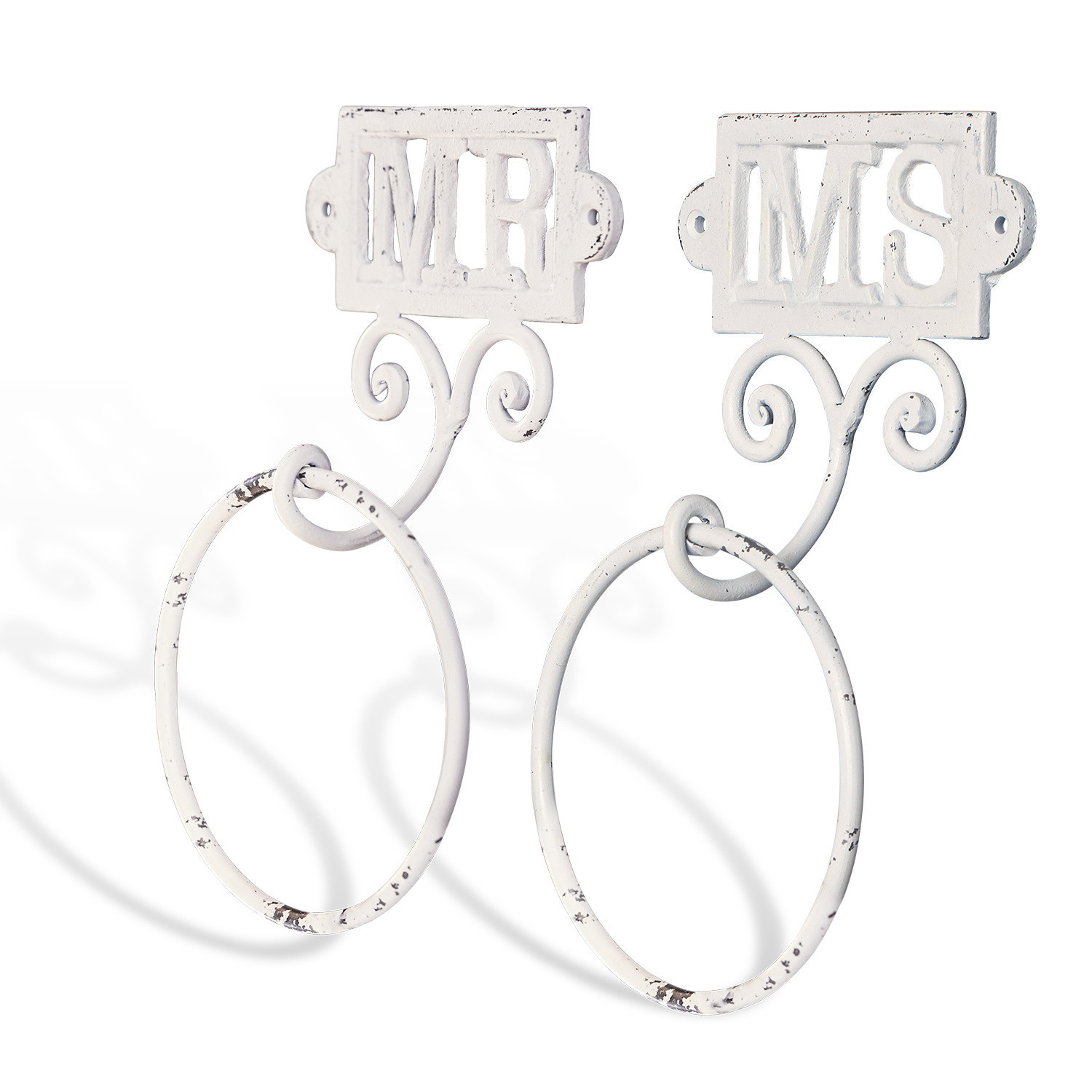 Weiße Metall-Handtuchhalter mit MR- und MS-Schriftzug im Vintage-Stil für Badezimmer