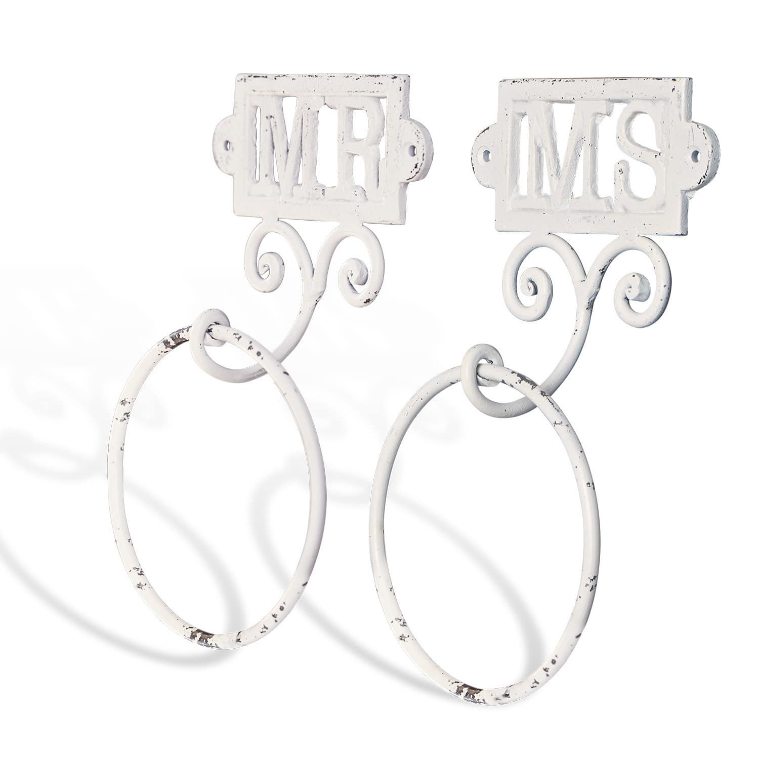 Handtuchhalter 2er Set Vitrolles Weiße Metall-Handtuchhalter mit MR- und MS-Schriftzug im Vintage-Stil für Badezimmer