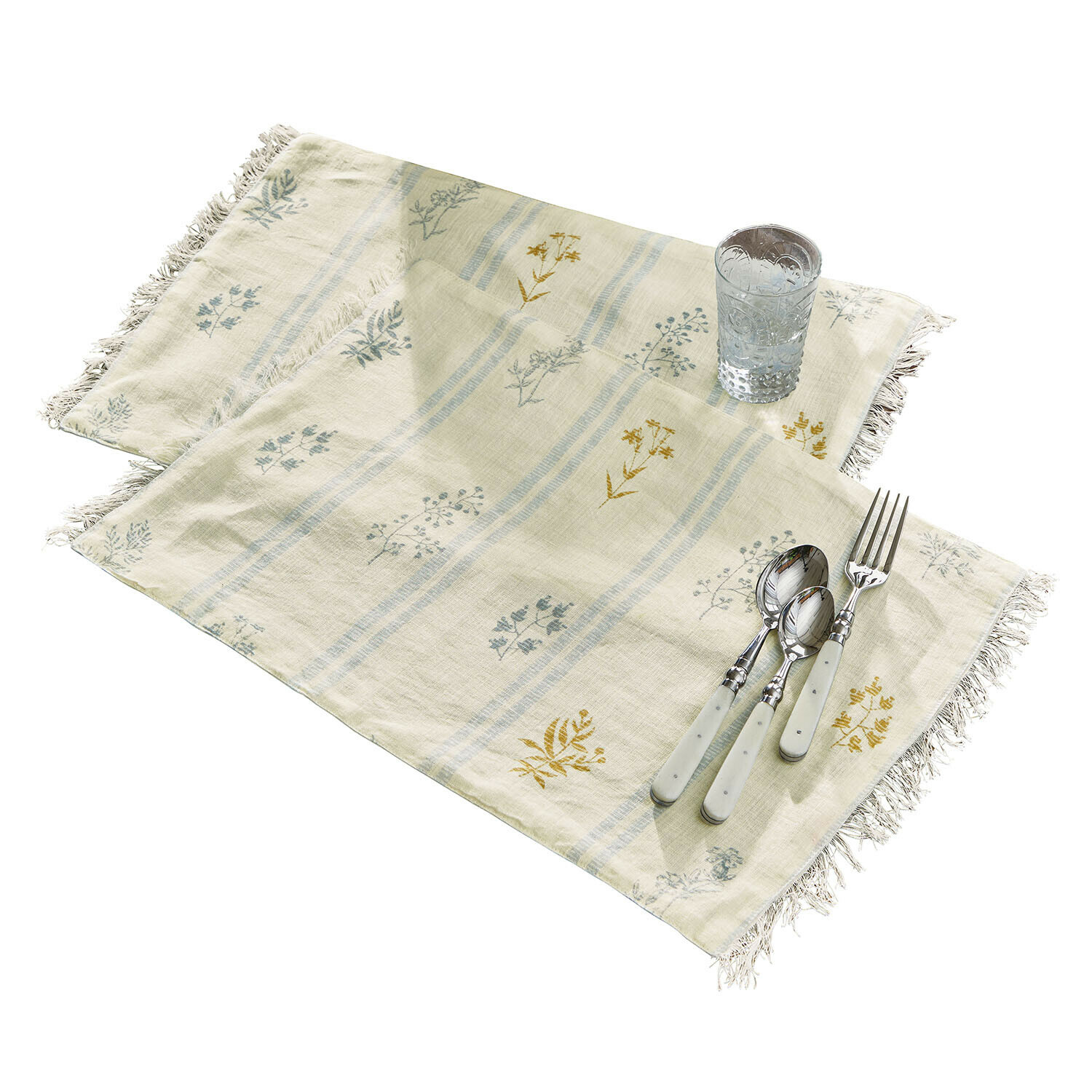 Platzset 2er Set Hazelwick Beige Leinen-Servietten mit floralem Muster und Fransen, Tischdeko mit Besteck und Glas