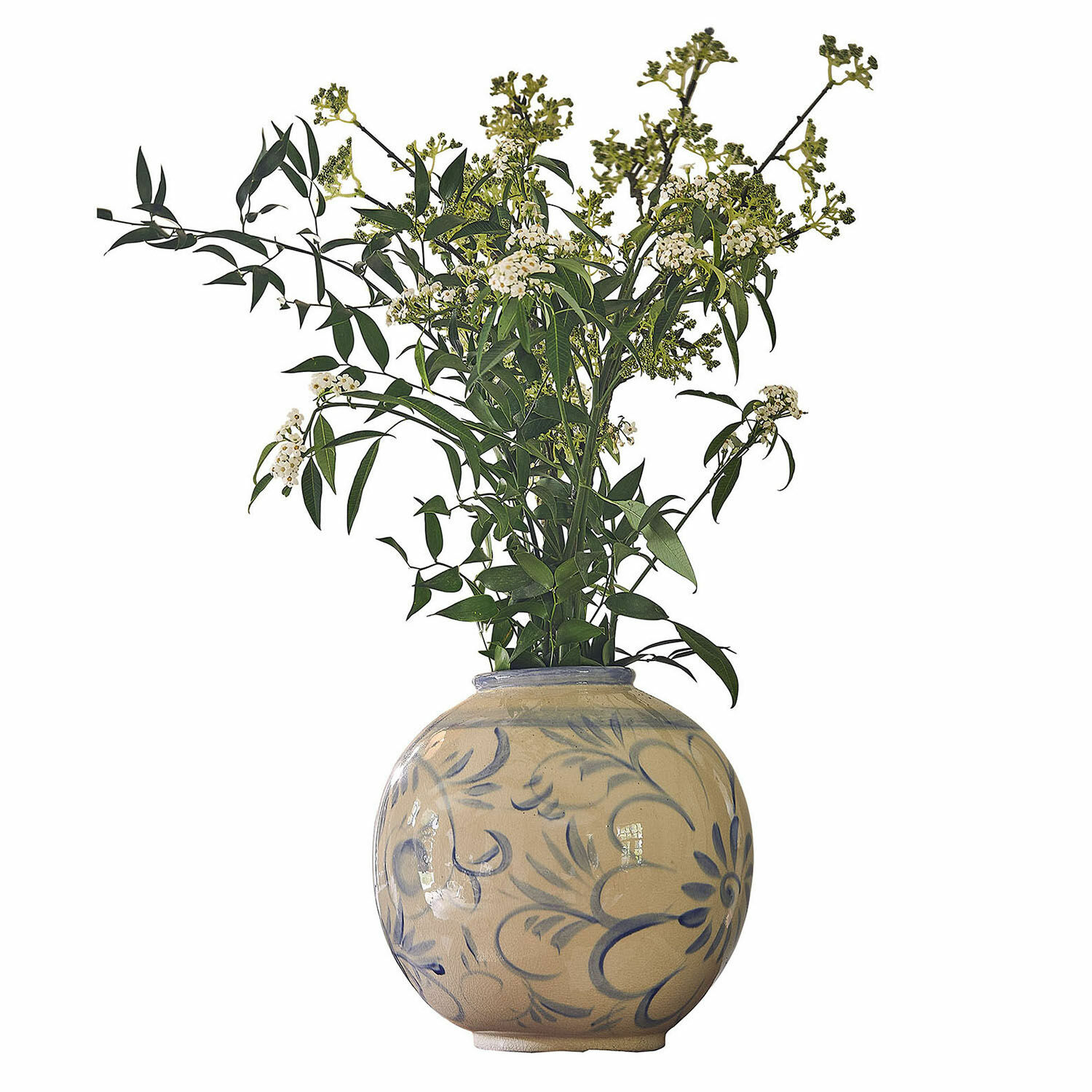 Vase Oviren Runder Keramikvase in Beige mit blauem Blumenmuster und grünen Zweigen als Dekoration