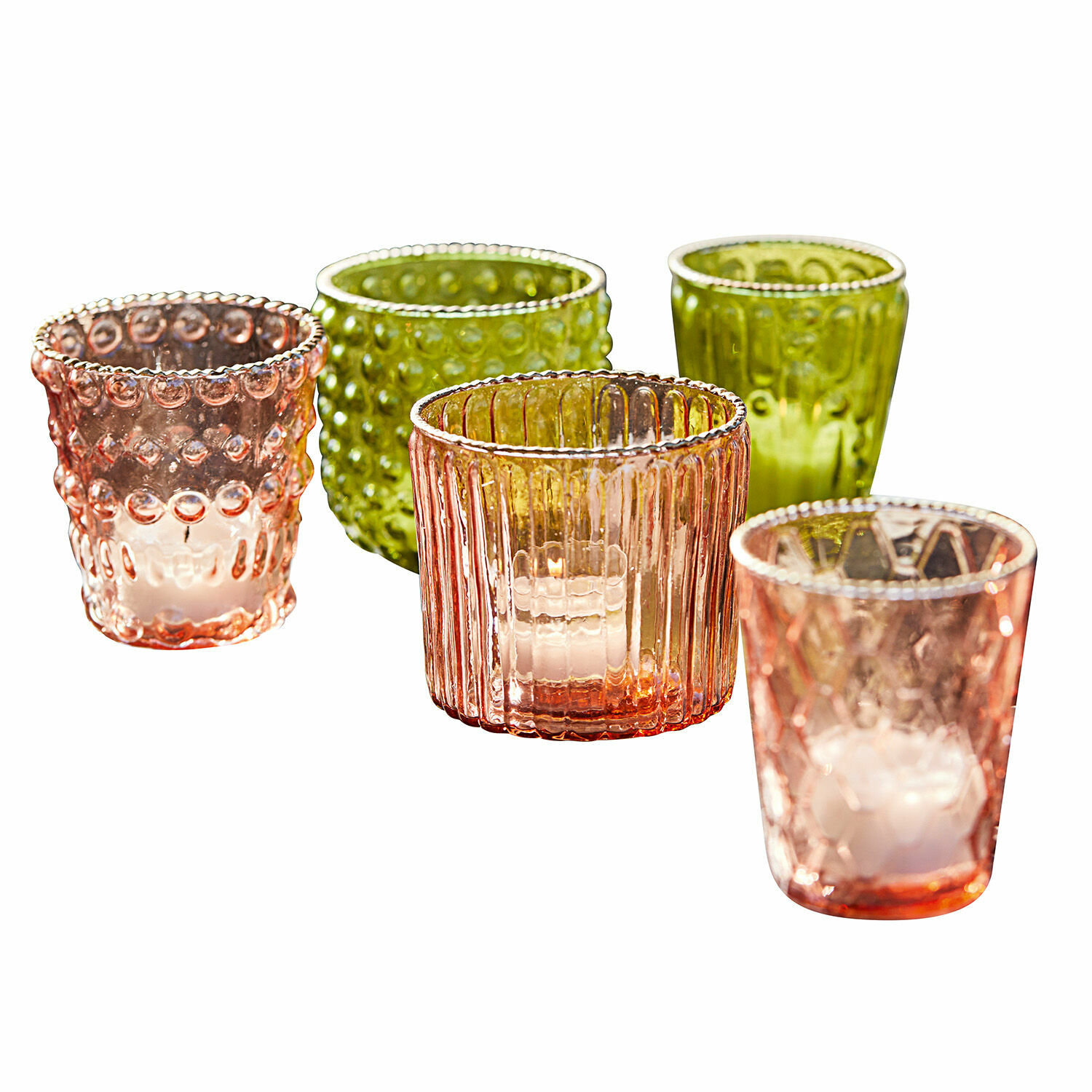 grün/rosa 5-teiliges Windlicht-Set Jarnac aus grünem und rosafarbenem Glas zur Wohnraumdekoration