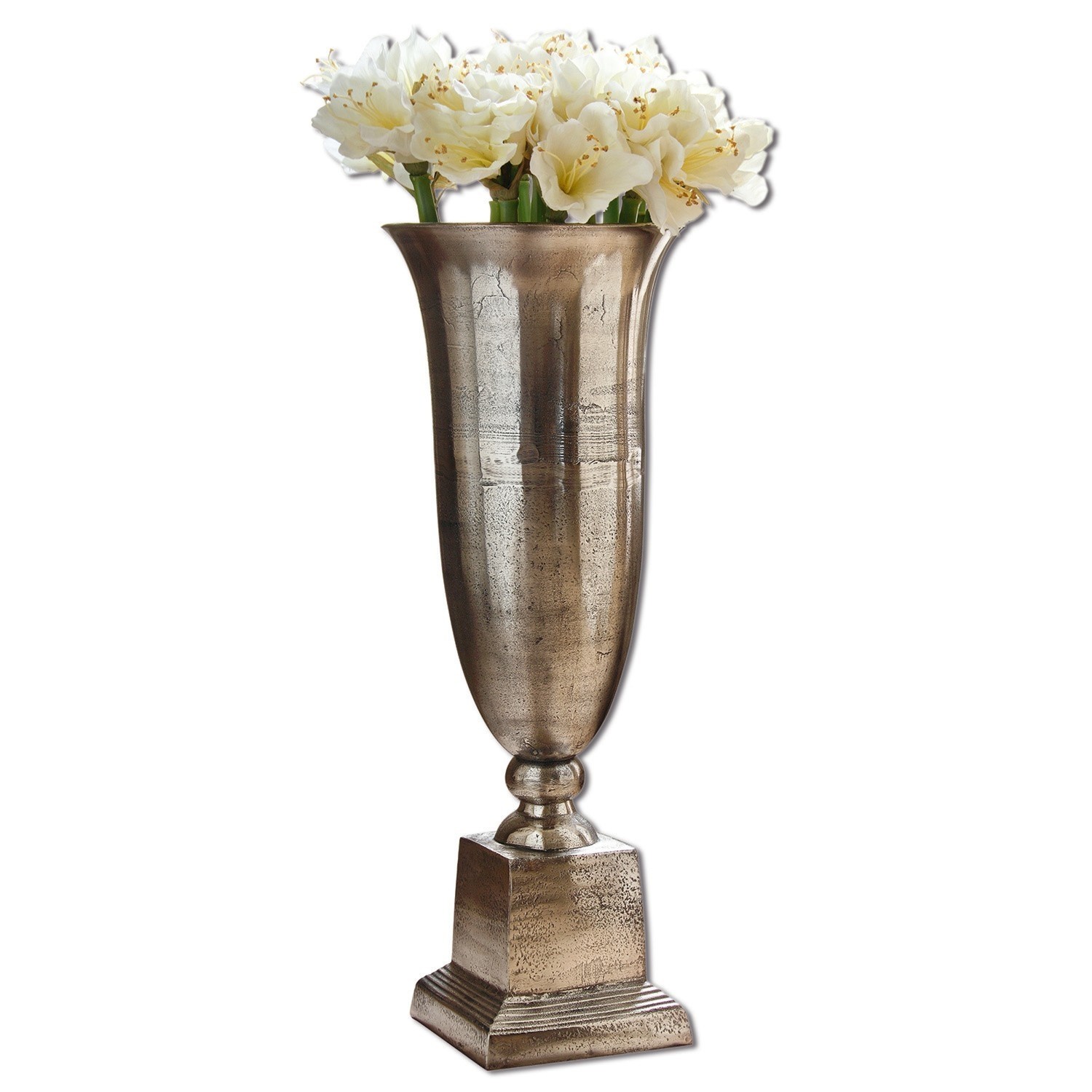 Bodenvase Belfort Hohe silberne Metallvase mit weißen Blumen zur stilvollen Wohnraumdekoration