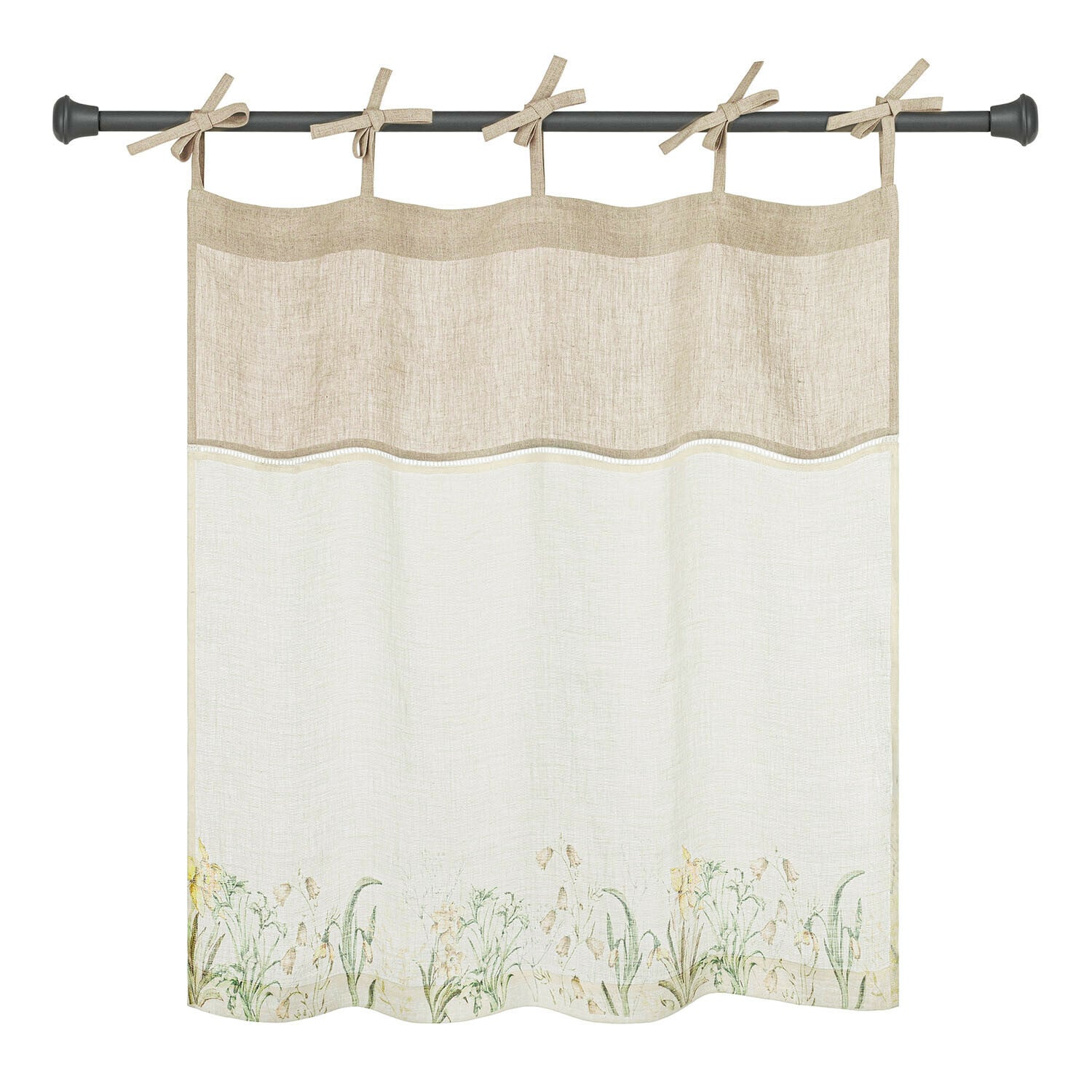 Beige Leinen-Gardine mit floralem Muster am Saum und Bindebändern zum Aufhängen