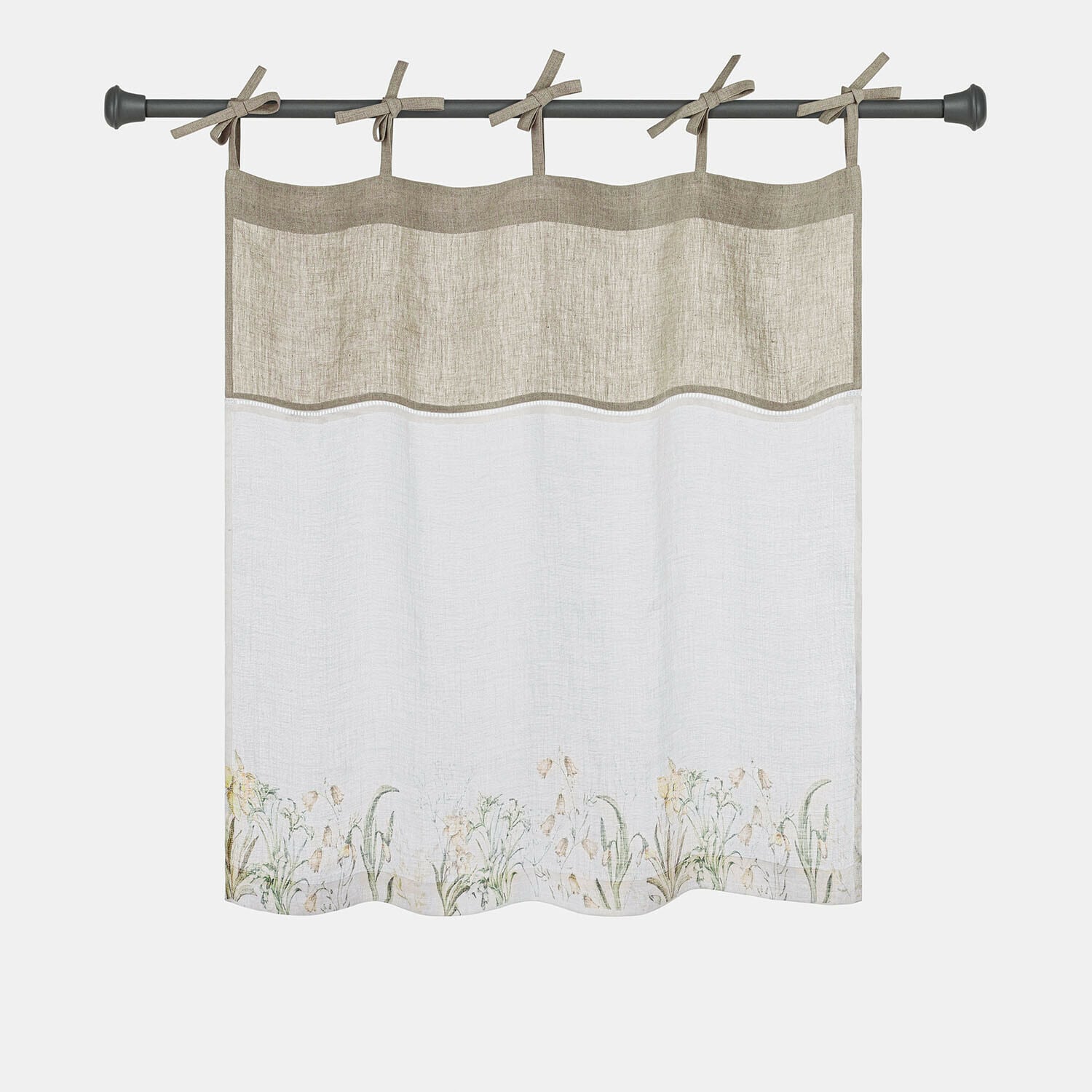 Scheibengardine Lozere Beige Leinen-Gardine mit floralem Muster und Bindebändern zum Aufhängen an der Gardinenstange