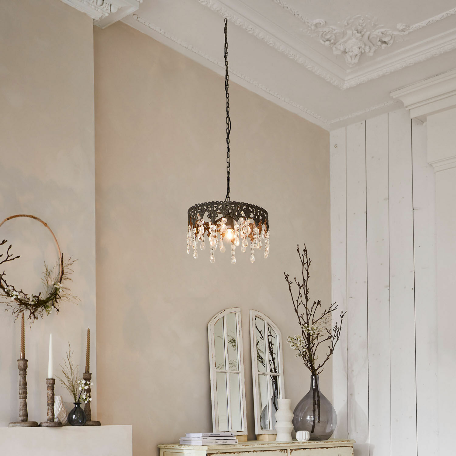 Hängender Kronleuchter aus Metall und Kristall im Vintage-Stil für Wohnzimmer oder Esszimmer