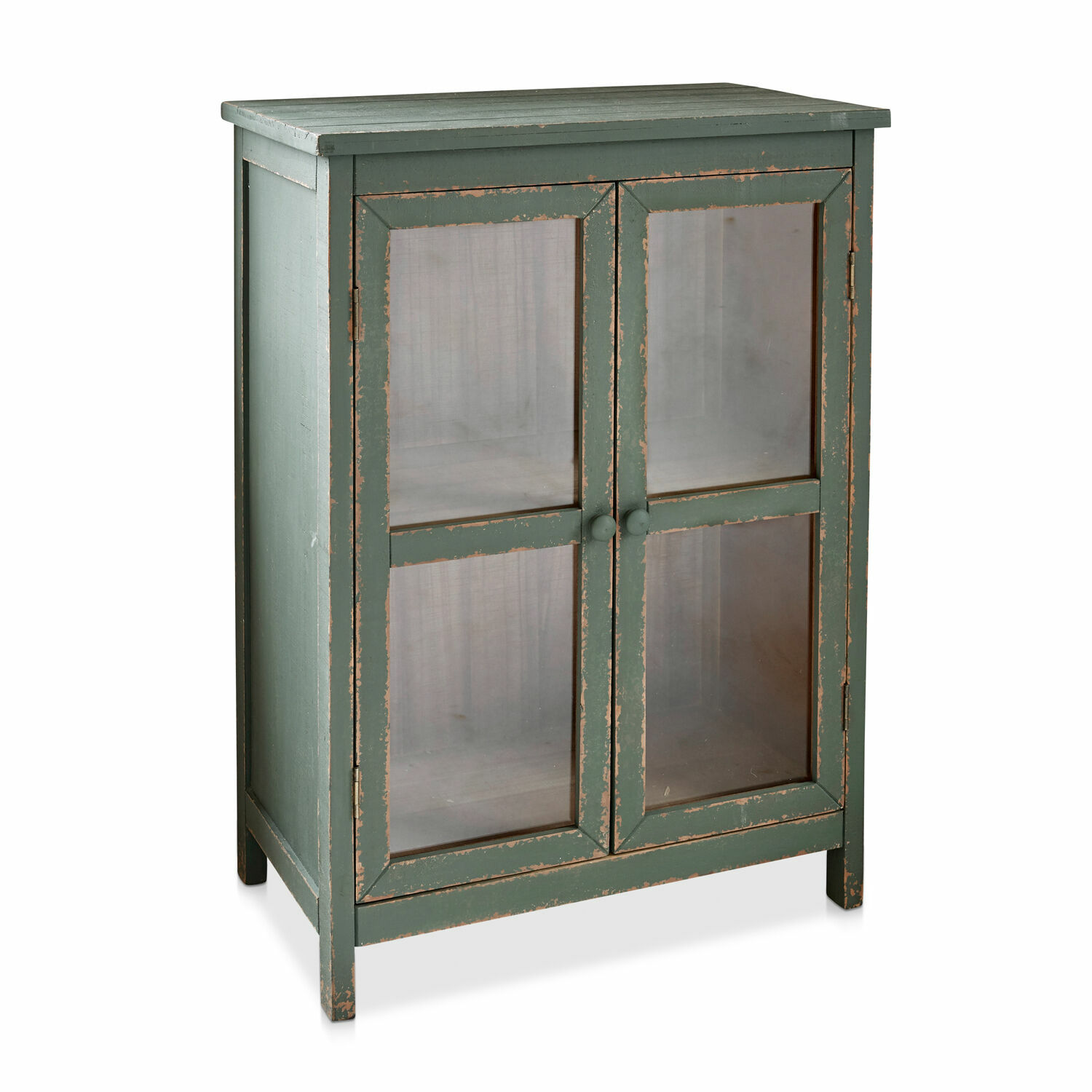 Grüner Holzschrank mit Glastüren im Vintage-Stil zur Aufbewahrung im Innenbereich