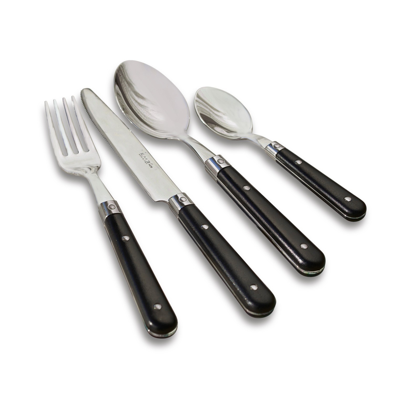 Besteckset aus Edelstahl mit schwarzen Griffen, Gabel, Messer und 2 Löffel