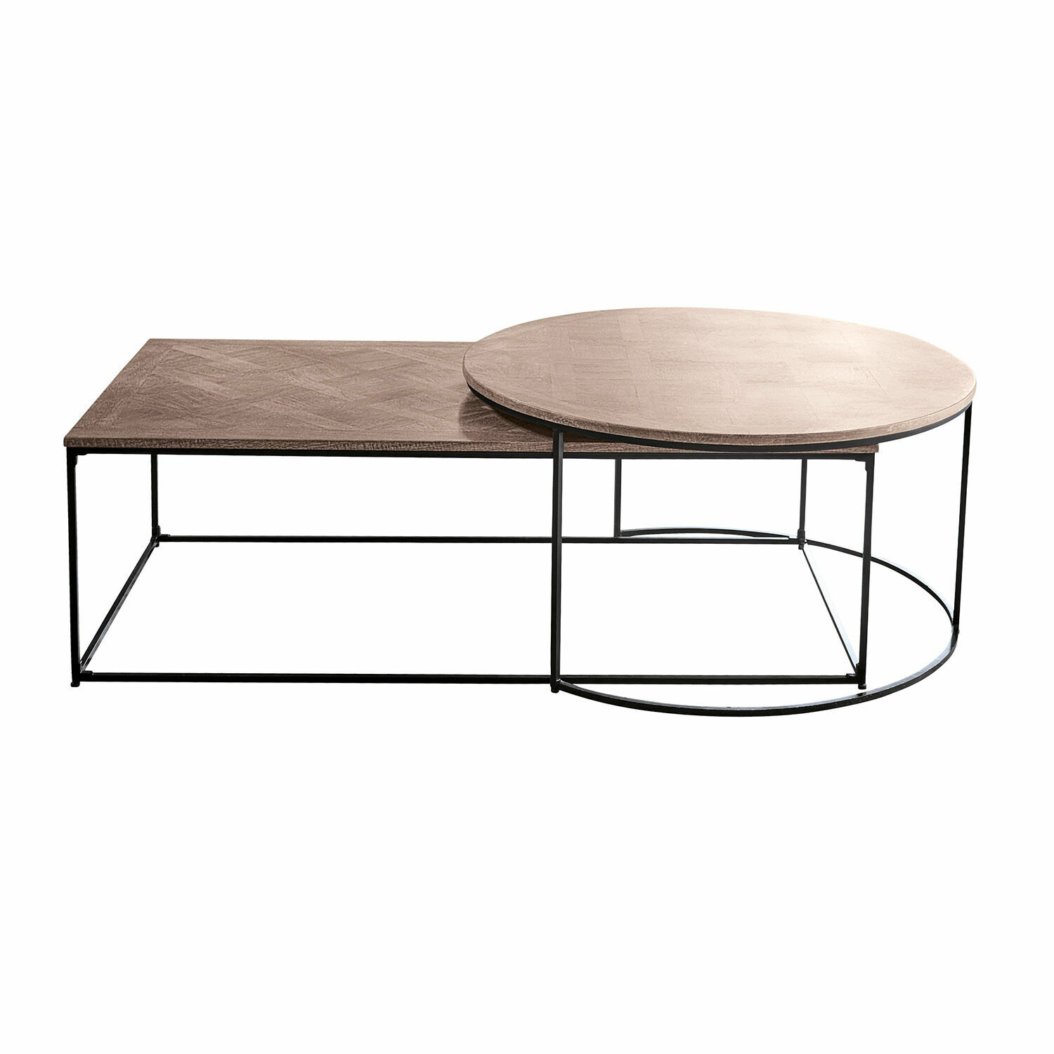 Zweier-Set Couchtische aus hellem Holz mit schwarzem Metallgestell, modernes Design
