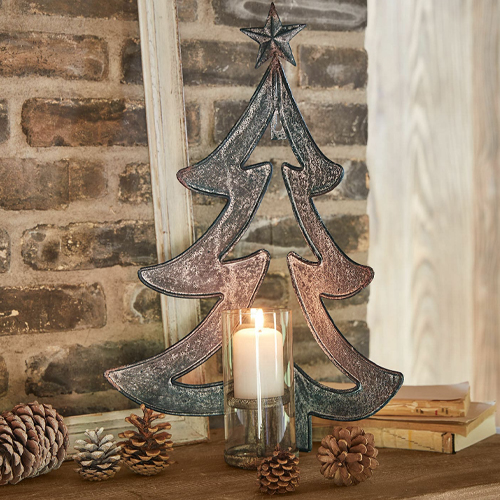 Metall-Weihnachtsbaum-Dekoration im Vintage-Stil mit Kerzenhalter, graue festliche Tischdeko