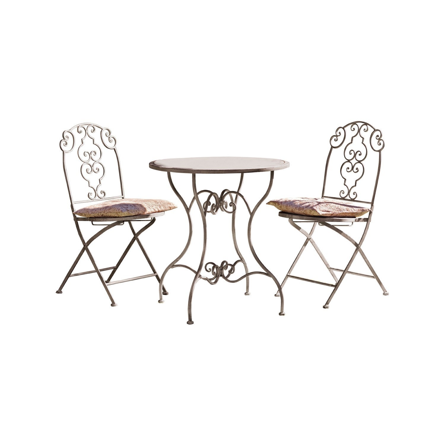 Graues Metall-Gartenmöbel-Set mit zwei Stühlen und rundem Tisch, dekorative Sitzkissen