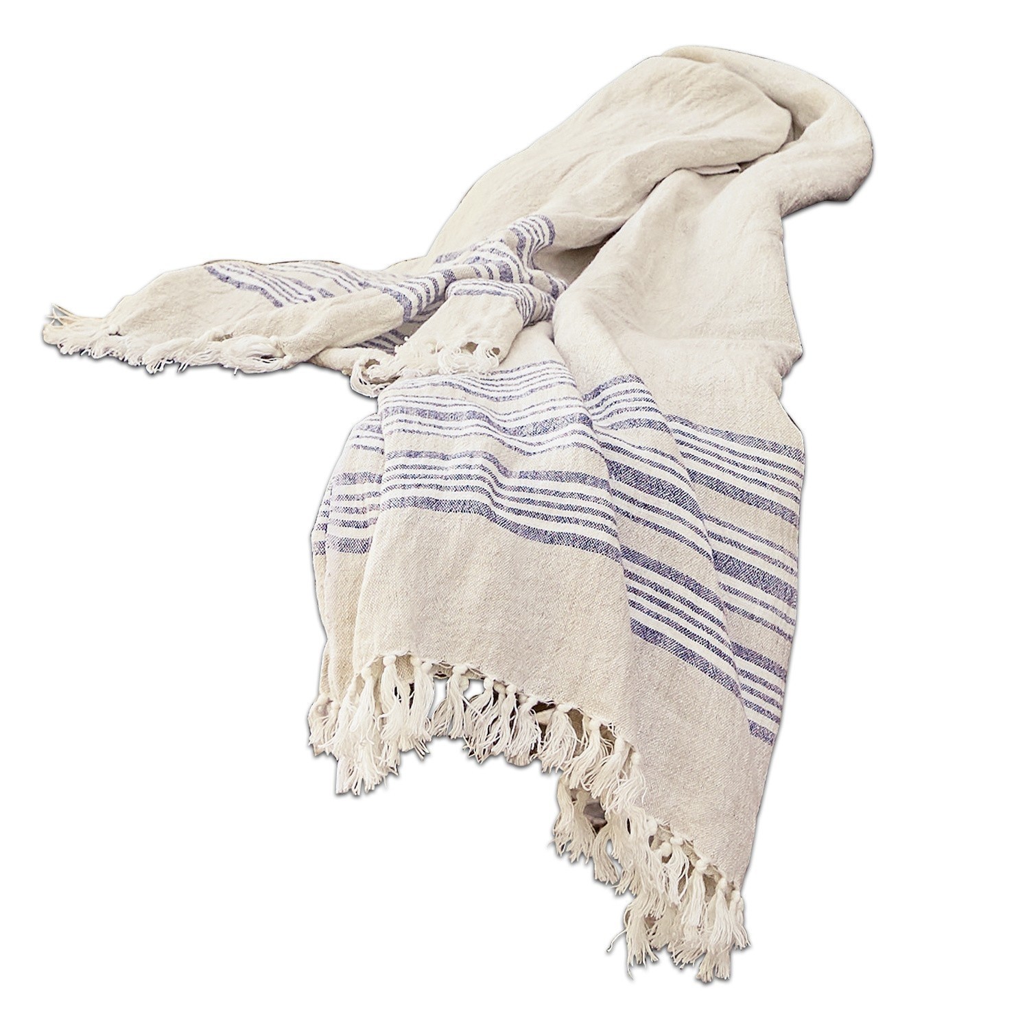 Beige Baumwoll-Decke mit blauen Streifen und Fransen, weicher und dekorativer Heimtextil