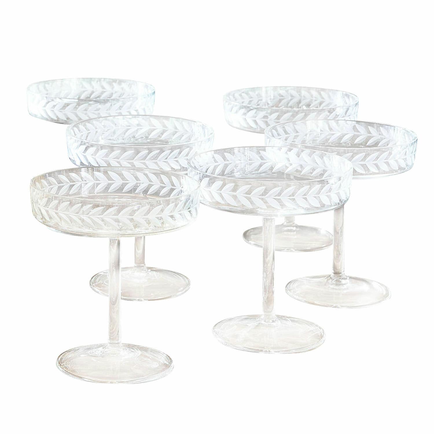 Champagnerglas 6er Set Macomb Set aus sechs transparenten Gläsern auf Stiel mit graviertem Blattmuster, dekoratives Glas