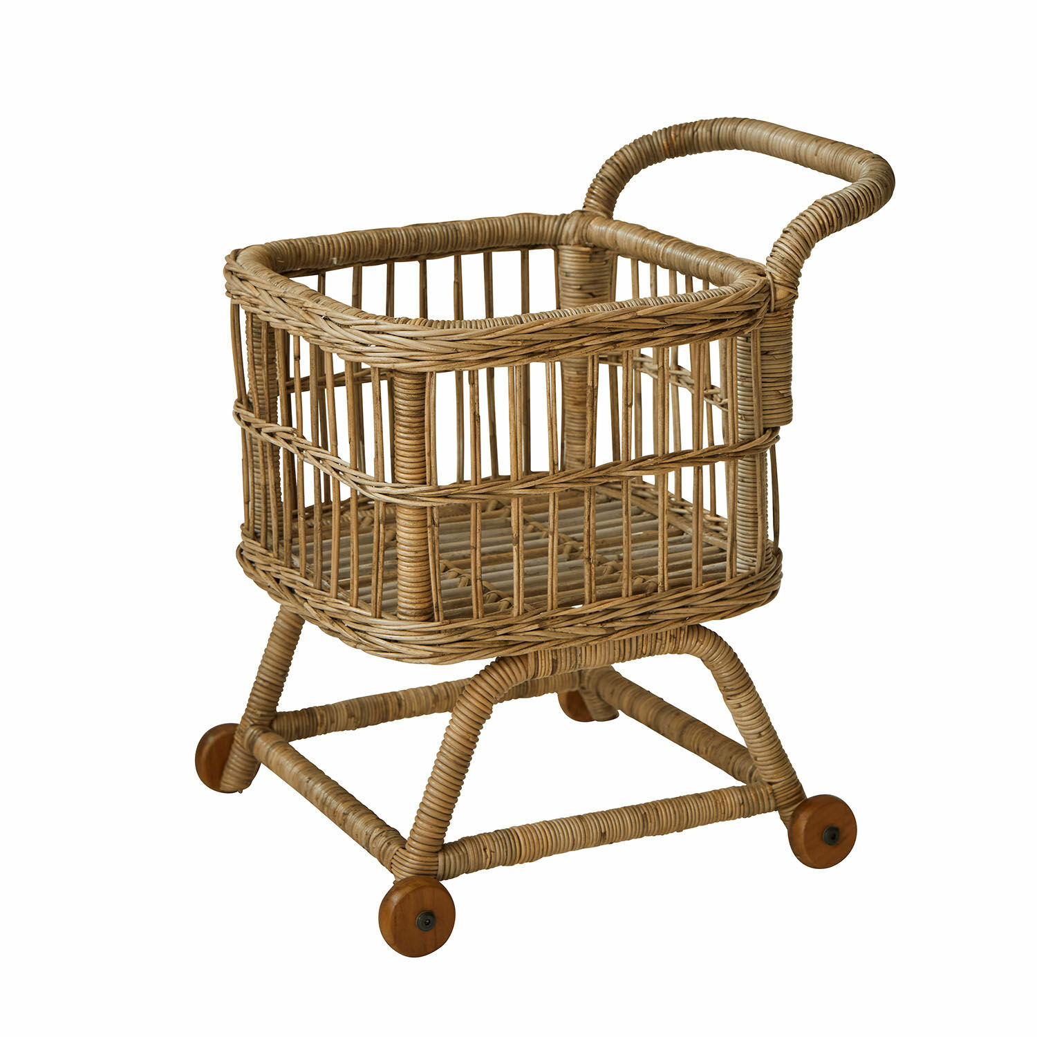 Kinderwagen aus natürlichem Rattan mit Holzrädern, dekorativ und leicht für Innenräume