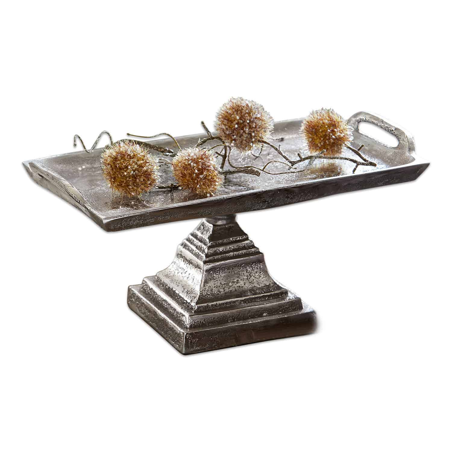 Etagere Samson Silberne Metall-Etagere auf Fuß mit dekorativen Kugeln an Zweigen, Tischdekoration
