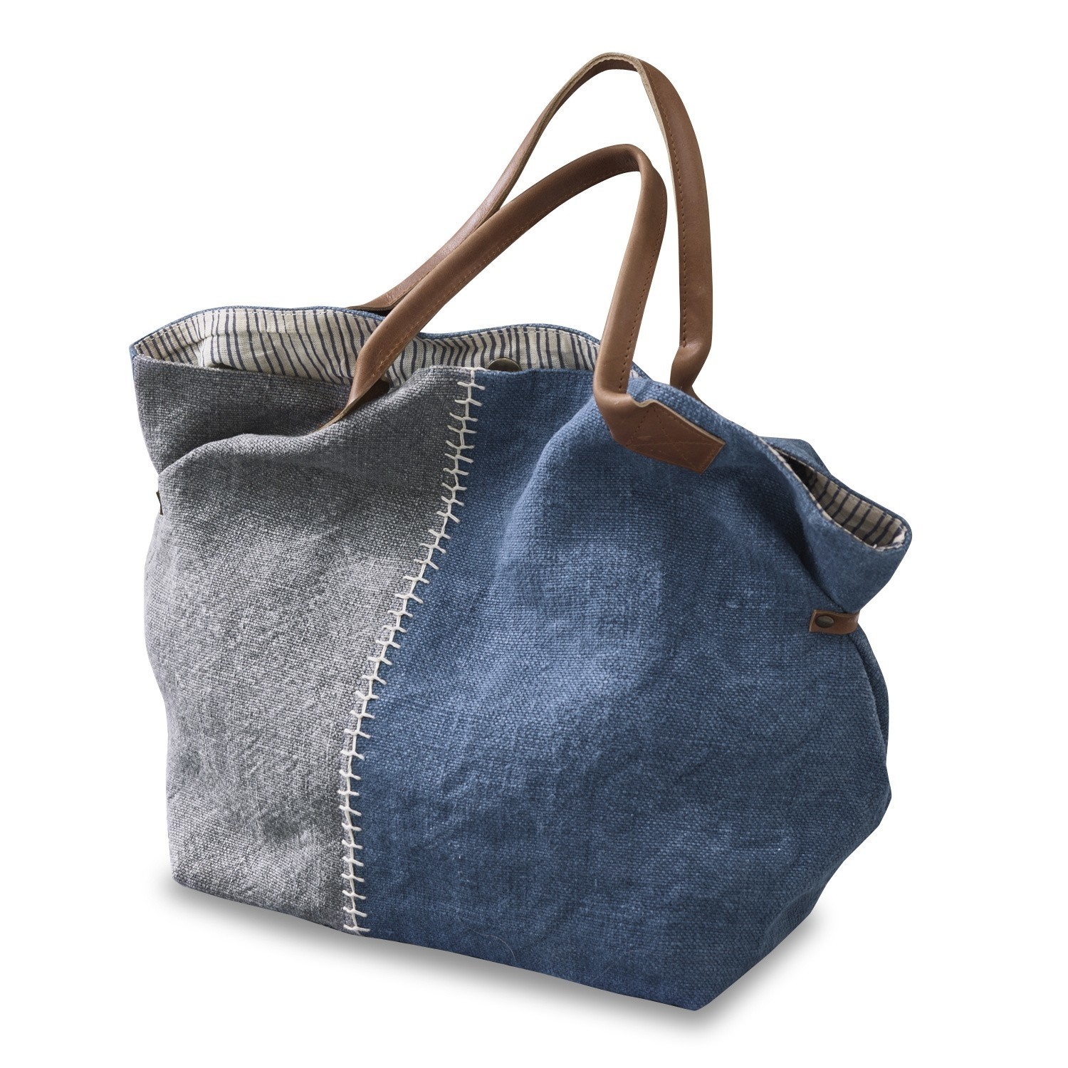 Tasche Deux-Parts Tasche aus blauem und grauem Stoff mit braunen Kunstledergriffen, geräumiger Alltagsbegleiter