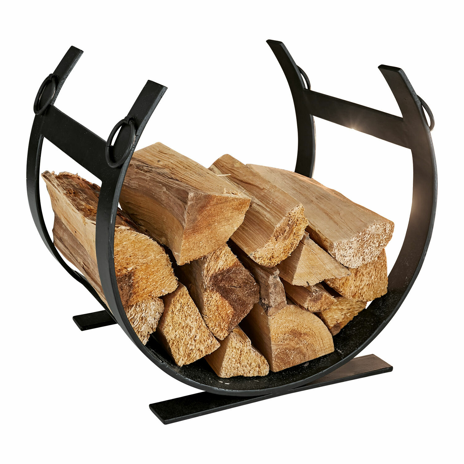 Schwarzer Metall-Holzkorb mit naturbelassenem Brennholz für Kamin und Heizung