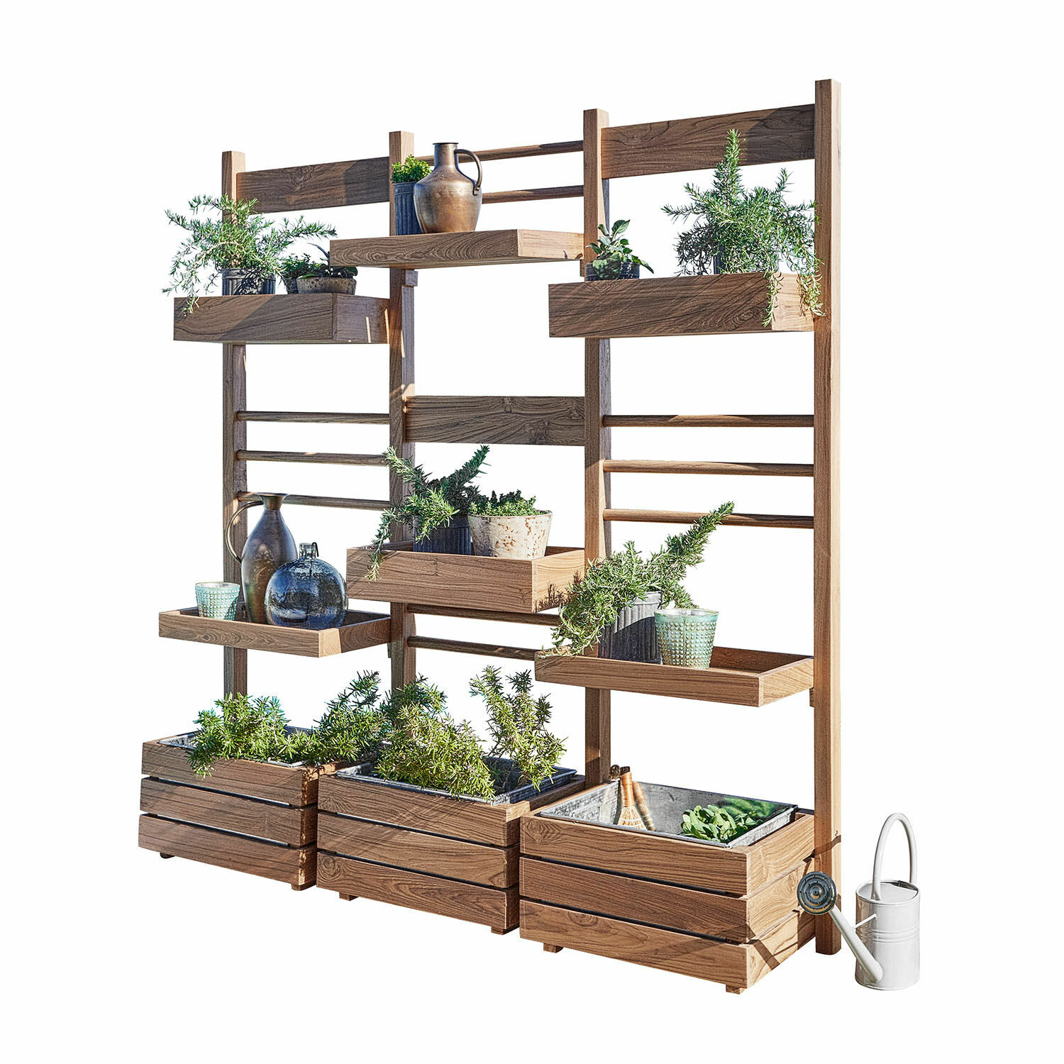 Pflanzregal Lutry Stehender Pflanztrog aus Holz mit Regalen und grünen Pflanzen, dekorative Gartenlösung