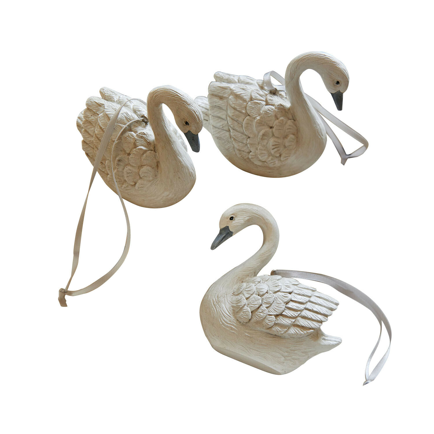 Anhänger 3er Set Elarin Set aus drei weißen Schwan-Dekorationen aus Keramik mit Bändern zum Aufhängen, festlicher Schmuck