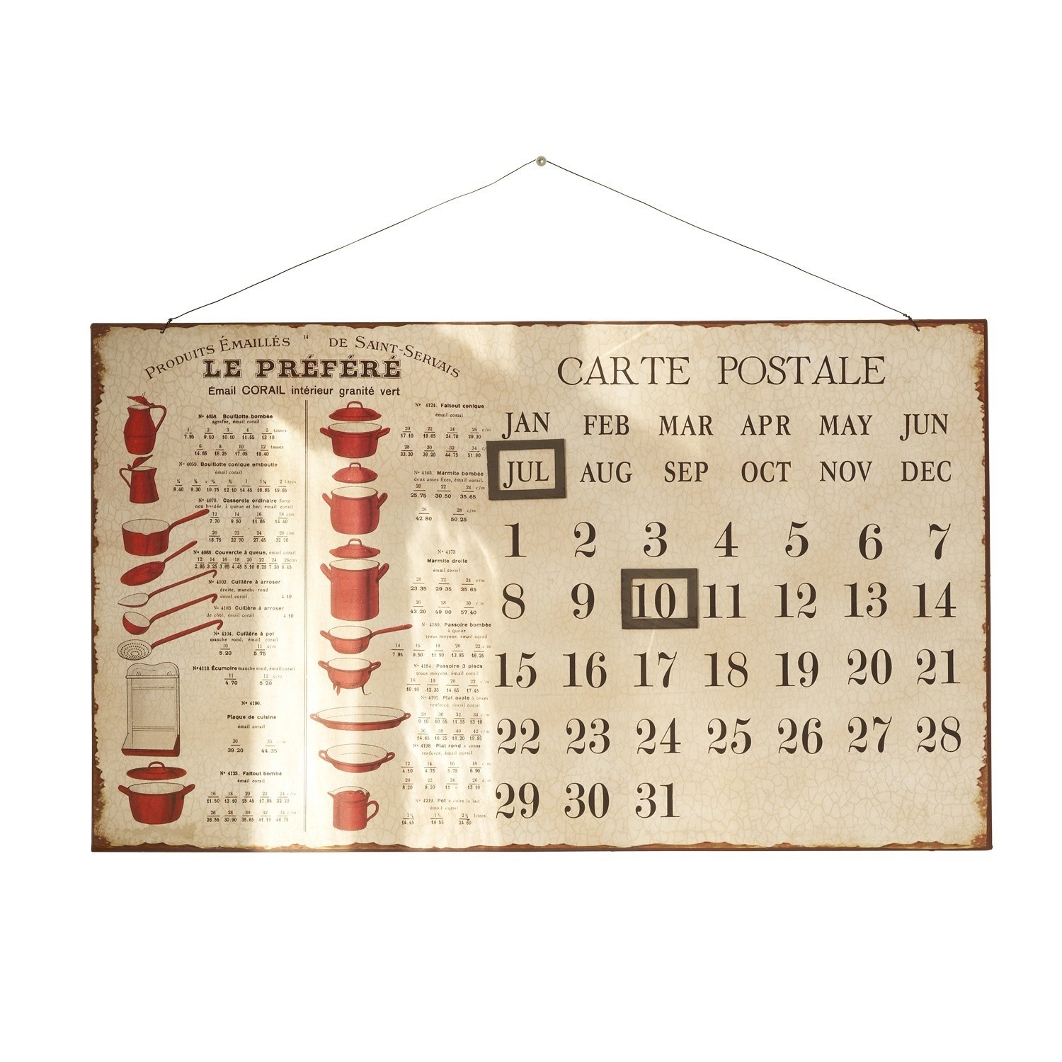 Vintage Wandkalender mit roten Emaille-Küchenutensilien und Monatsdaten im Retro-Stil