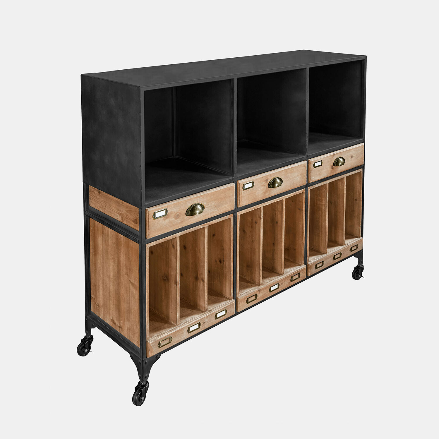 Industrielles Sideboard aus Holz und schwarzem Metall mit Schubladen und Fächern auf Rollen