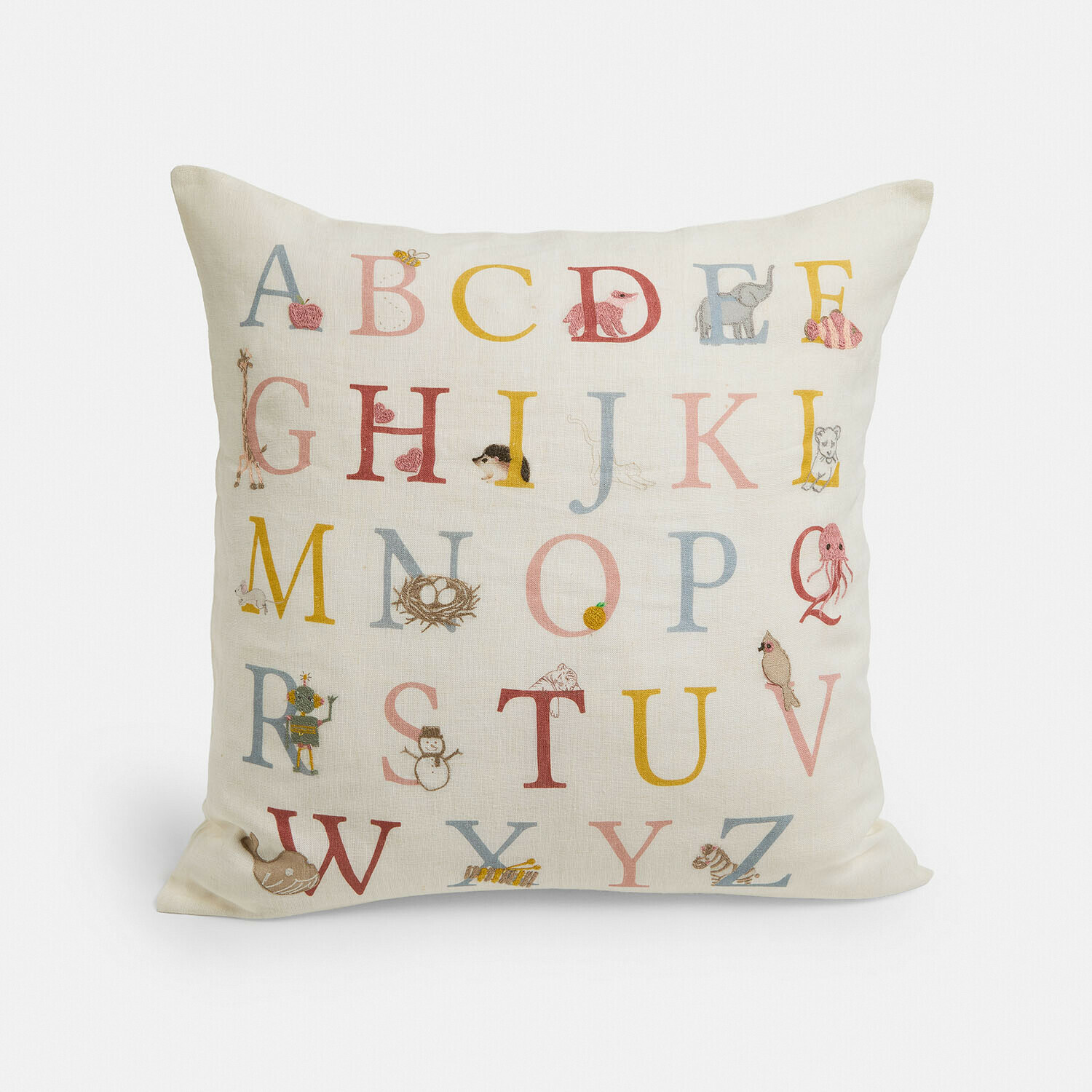 Baumwollkissen in Ecru mit buntem Alphabet und Tiermotiven, Kinderzimmerdekoration