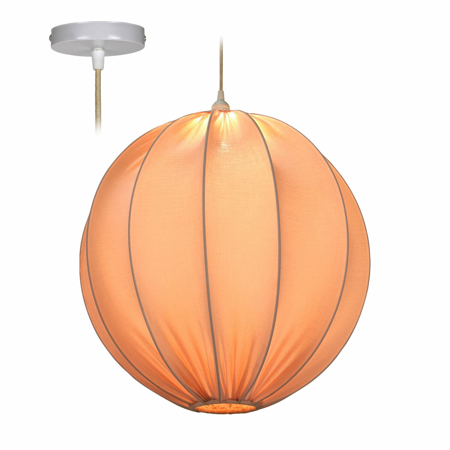 Hängelampe Lisonne Runde Pendelleuchte aus orangefarbenem Stoff mit weißem Kabel und Deckenbefestigung