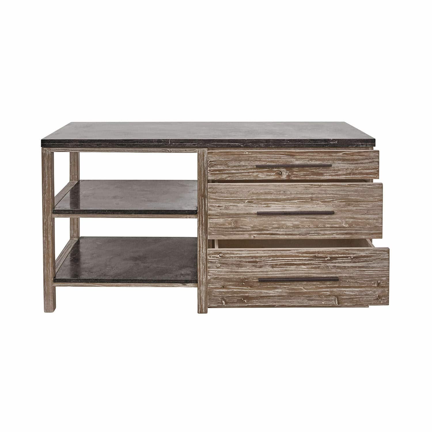 Couchtisch aus Holz und Stein mit drei Schubladen und zwei Regalböden in Braun und Grau