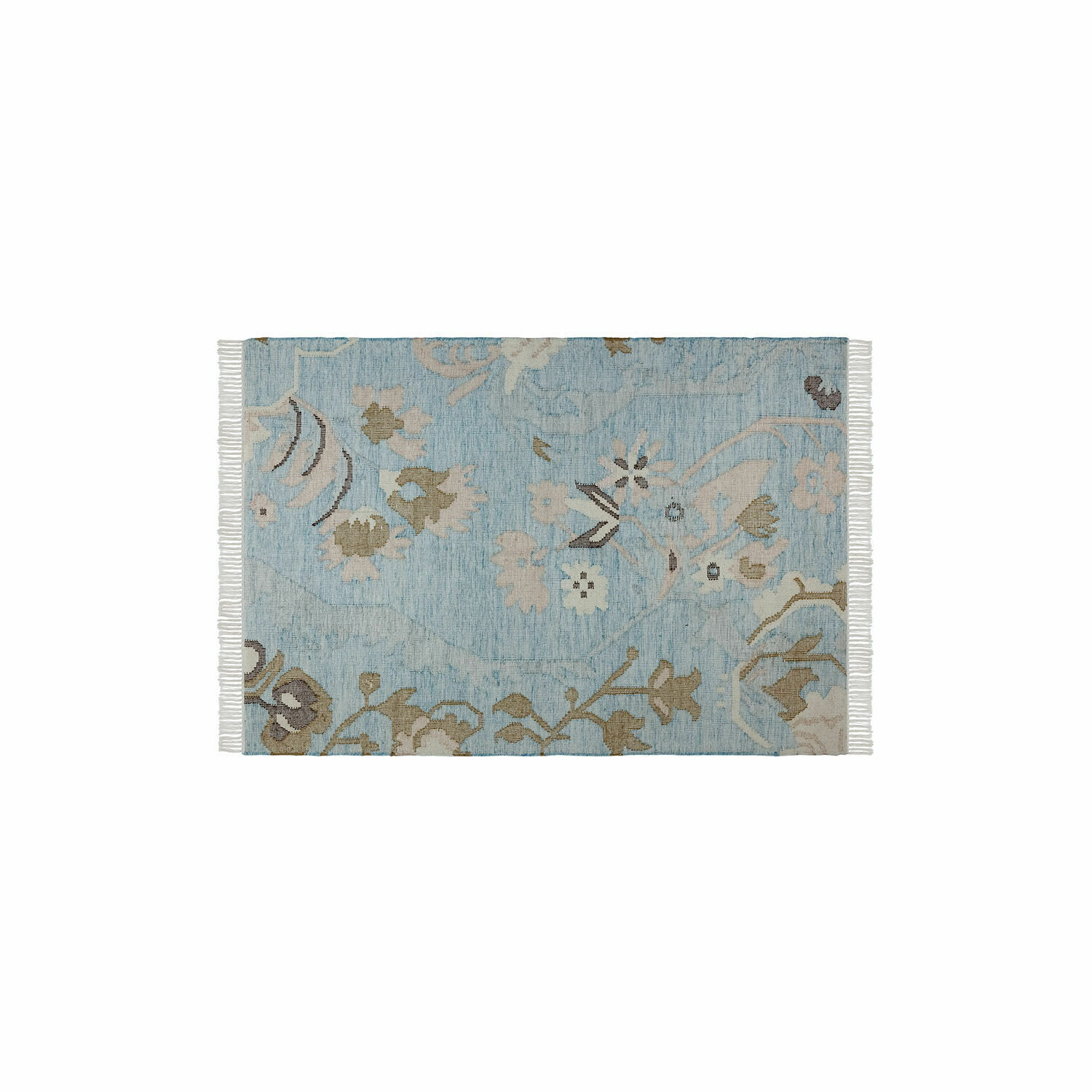 Teppich Nére Blauer Baumwollteppich mit floralem Muster und Fransen an den Seiten für Wohnräume