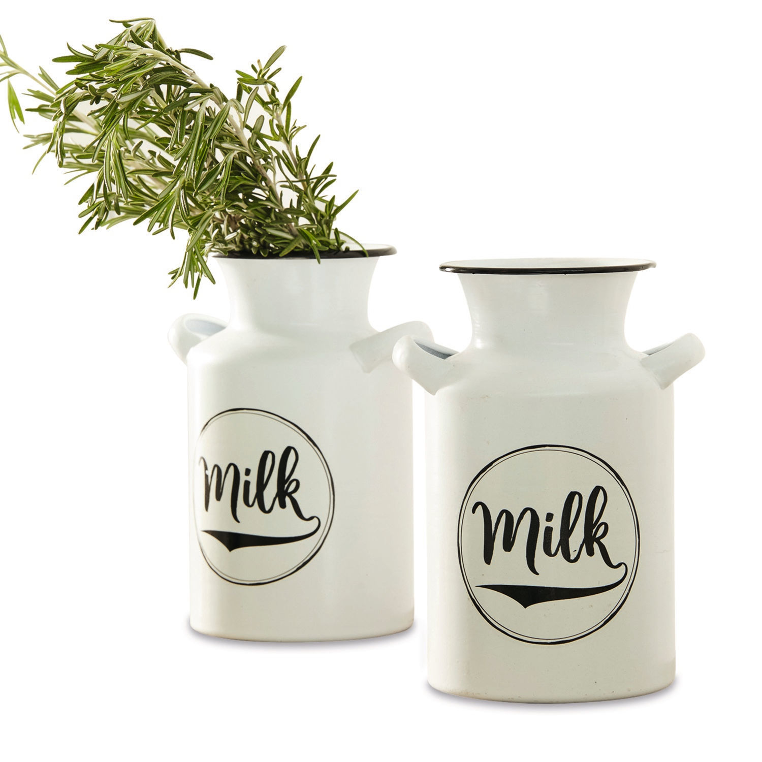 Weiße Metall-Milchkrüge mit Schriftzug milk, dekorativ und praktisch für Küche oder Esszimmer
