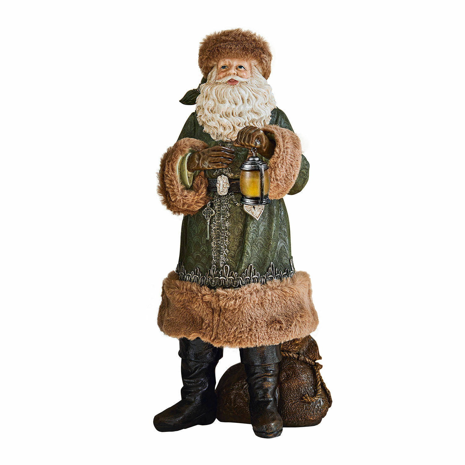 Deko-Weihnachtsmann Eddi Weihnachtsmannfigur mit grünem Mantel und braunem Fellbesatz, hält Laterne, festliche Dekoration