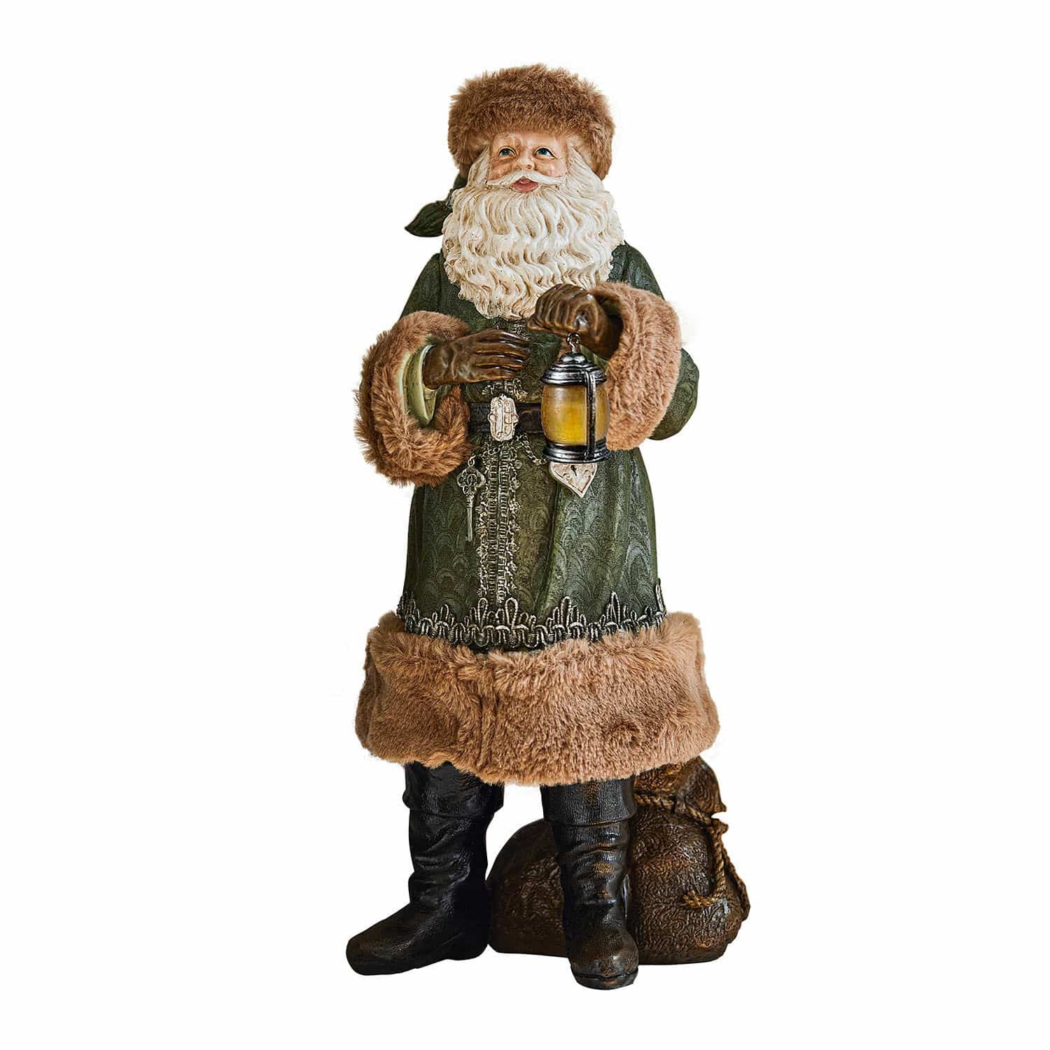 Deko-Weihnachtsmann Eddi Weihnachtsmannfigur mit grünem Mantel und braunem Fellbesatz, hält Laterne, festliche Dekoration