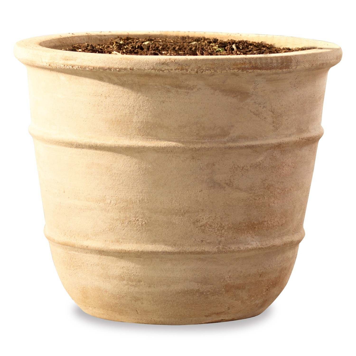 Beige Terrakotta-Blumentopf mit Erde, ideal für Garten und Wohnraumdekoration