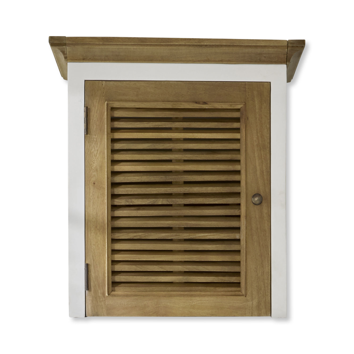Schrankaufsatz Degarmo Wandschrank aus Holz mit weißem Rahmen und Lamellentür, praktisches Aufbewahrungsmöbel.
